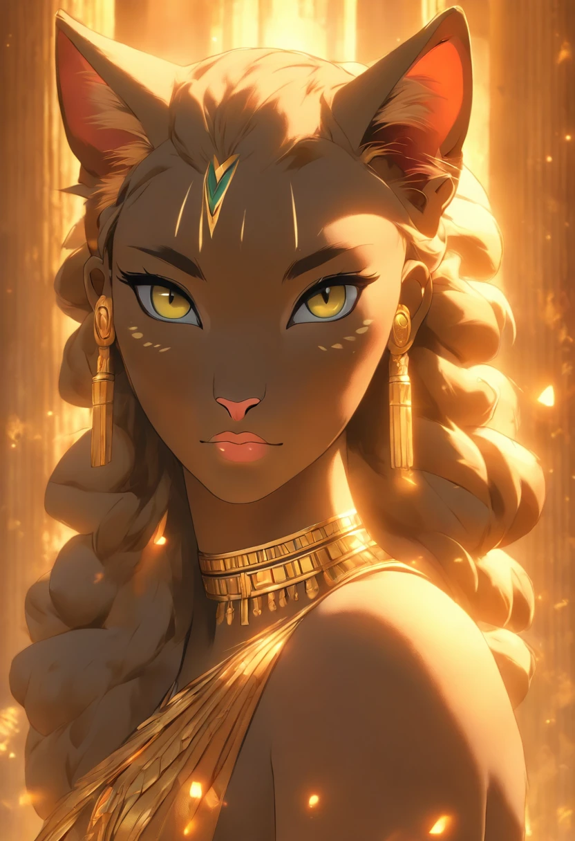 (((Feline Goddess))) best quality, ultra-high resolution, 4K detailed CG, master piece, Egyptian mythology,SEKHMET, feline head, standing pose, Egyptian clothing, ((full body)), aesthetics, Beautiful image, centered on screen, standing pose