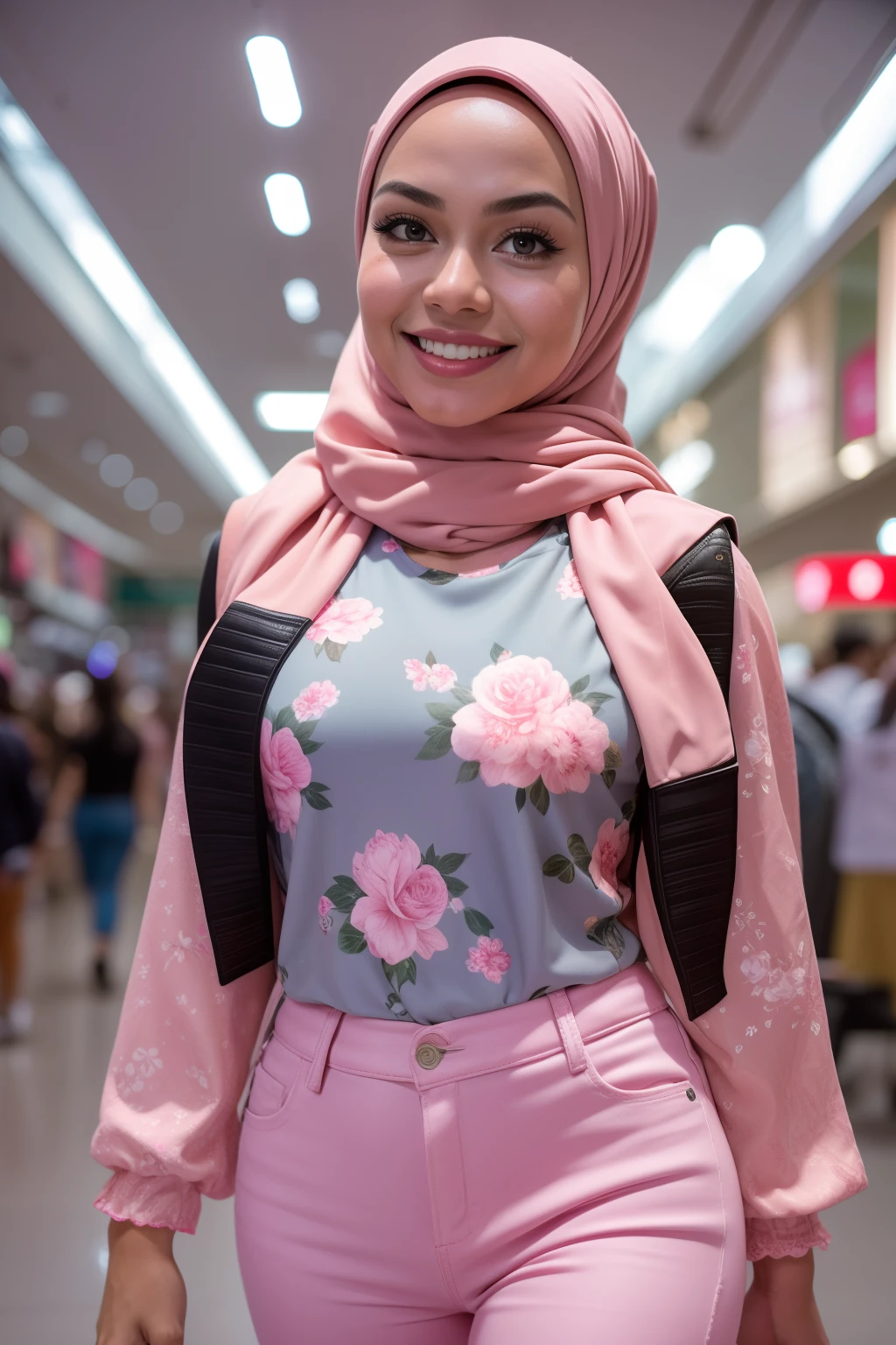 Portrait photography of a beautiful young malay girl in hijab wearing white floral pattern tank top with pink leather jacket and tight white jeans walking, catwalk, nighttime, crowded mall background, bright lighting, smile and happy gesture, detail skin texture, 4k, high detail, ultra detail,