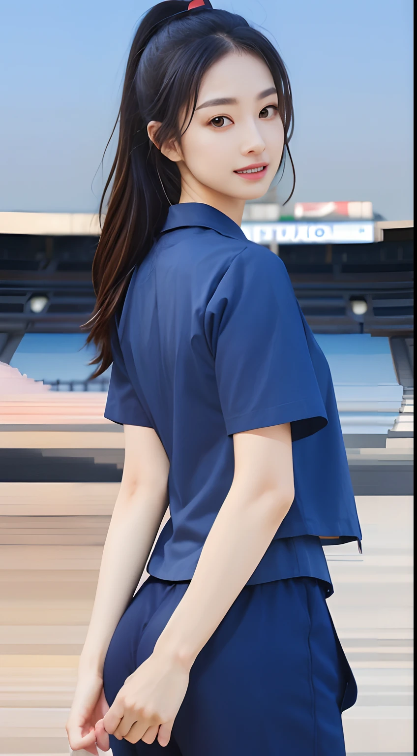 (bestquality,10,10,highres,masterpiece:1.2),ultra-detail,(Realistic,photorealistic portrait,photo-realistic:1.37),1 Cute girl in the football field,oily shiny skin,bara,light smile,BDclothes,((blue shirt:1.3)),short sleeves,Shirt, trousers.,(navy_long_Pants Track:1.1), ((Stadium Background:1.3)),dynamic angle,excited,face focus,Dynamic Poses,from behide,Ass Focus,masterpiece, bestquality, ultra realistic, hyper-detail, 8k resolution, RAW photo, crisp focus, ((Navy blue shirt:1.1)), short sleeves, Long Path, Perfect body, 2 mature women, 18yo, cinematic light,Blue sweatpants,Gymware,Correct anatomy,Complete body, Correct body, sharp face, Anatomically correct body, full entire body, Realistic gestures, long-haired, Realistic poses,Wear long shorts..,Long leg span,Shapely,Sculpting Girl, from behind, focus ass, Slim figure, mannequin mannequins, Shapely, Beautiful body