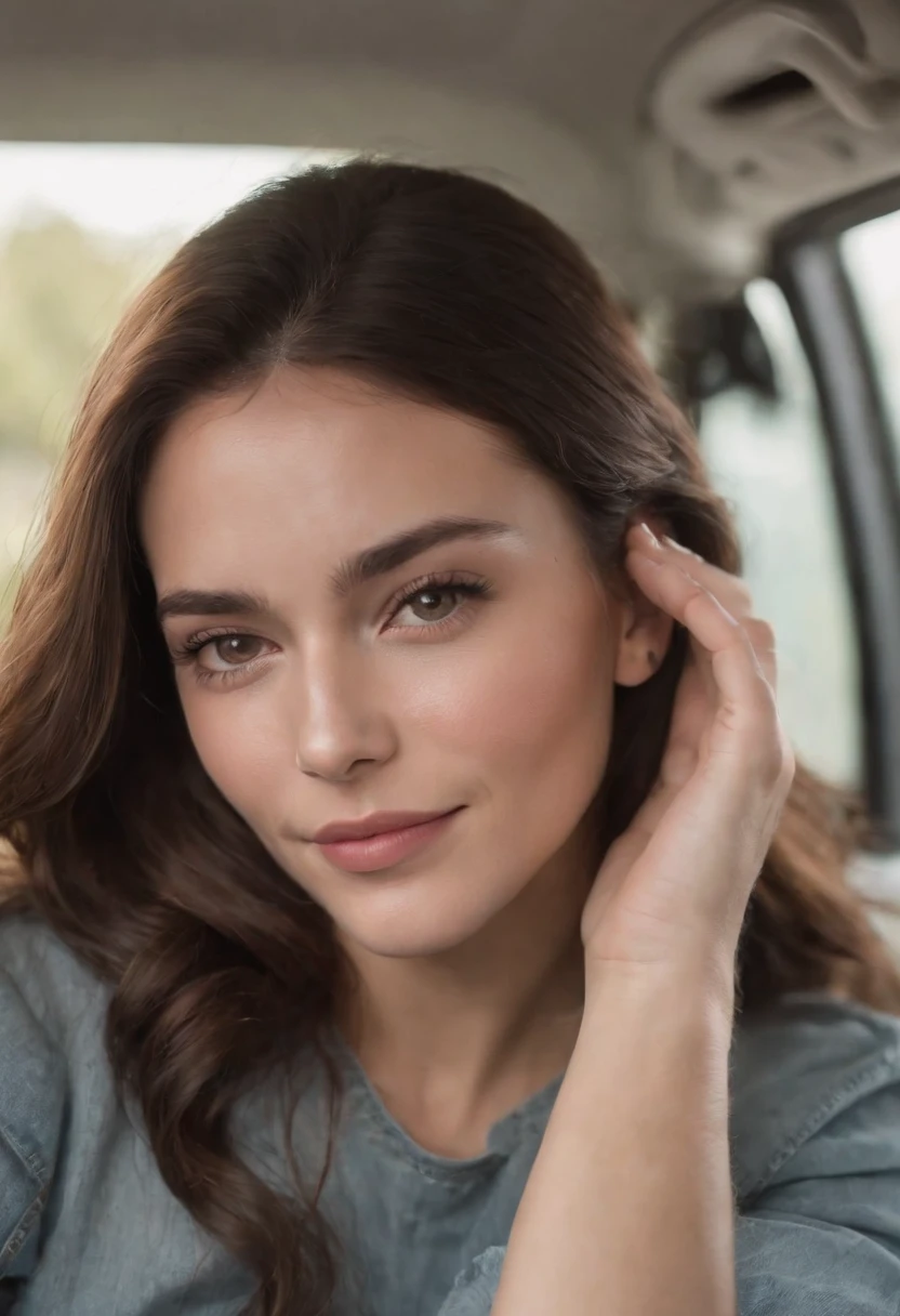 Woman in a car with her eyes closed and her hand on her head, rosto suado, seu rosto ruborizado e suor, chilled out smirk on face, 1 8 I, imagem de qualidade muito baixa, Kailee Mandel, foto do snapchat, sem maquiagem, foto vazada, desconhecido, muito ligeiramente sorridente, ligeiramente sorridente, chorando e sorrindo freneticamente;, pele suada!!