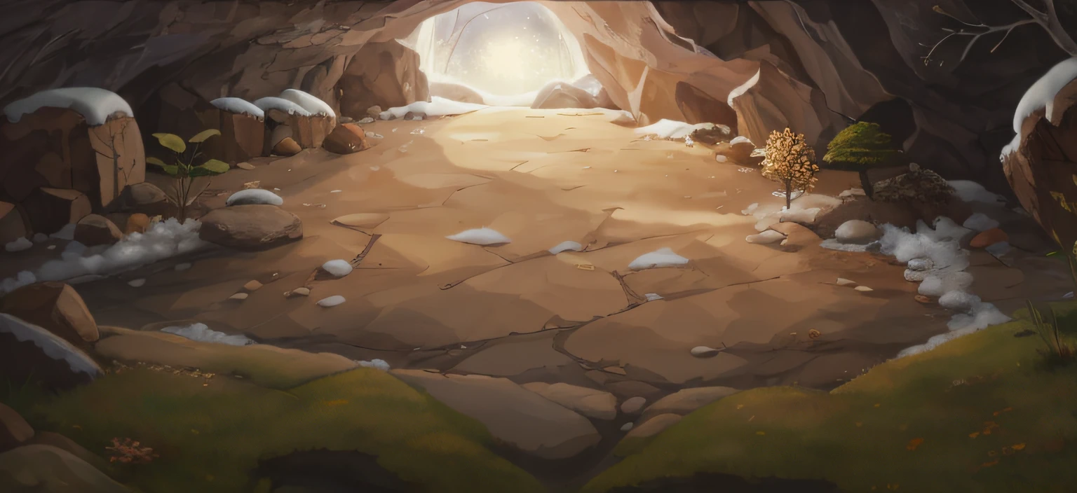 Rochas,Stones with snow,In a cave,moss,warm,pathway,yellow grass,Rock texture,The texture is clear,There is soil on the ground,Young shoots grow in the soil(speleothems),fanciful,Natural sunlight from the magic sphere,Ray traching,diffuselighting,vivd colour,Rochas(The is very detailed,finely detailled,iintricate),8K分辨率,