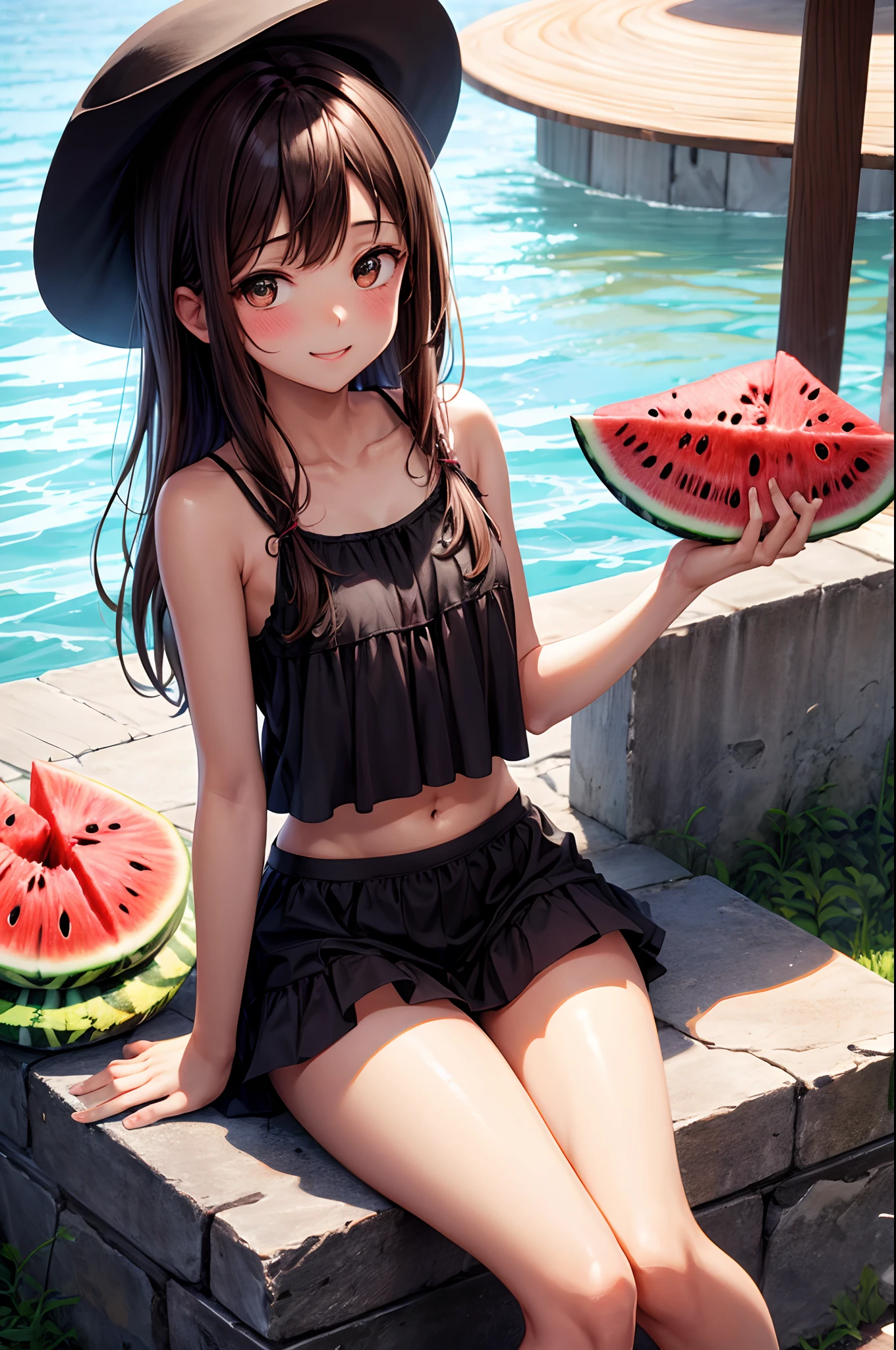 8K，best qulity，The Masterpiece，1 mature girl ，Clear face，Black-red pupils，Black hair color，Large wavy curls，Thick curly hair，Big red shoulder strap，Light blue denim skirt，Normal attire，Slender figure，Barefoot，Turquoise pool background，water melon，Welcoming summer atmosphere，A shiny picture，relaxed，colourful，Normal hands，Delicate fingers