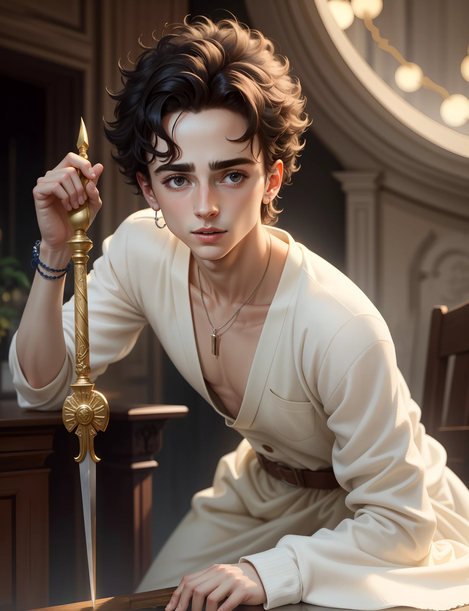 Timothee chalamet holding a selenite dagger