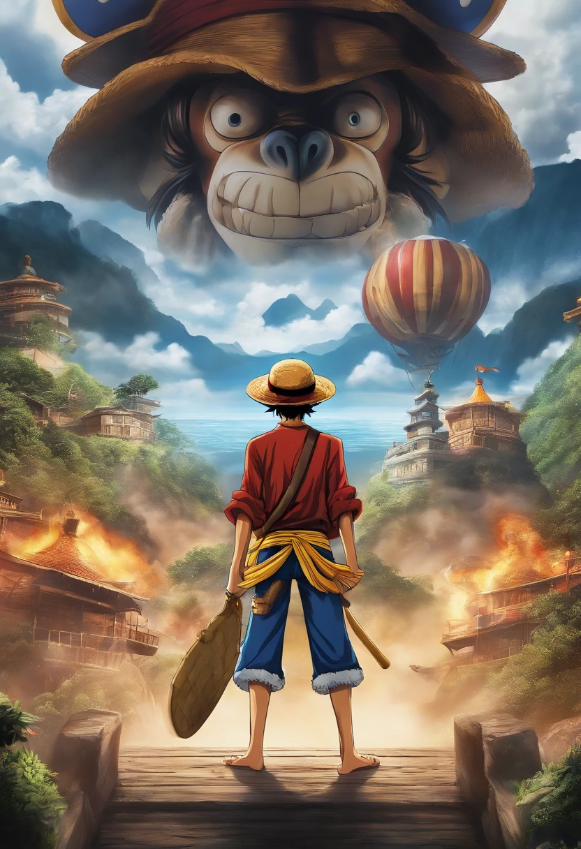"Create a breathtaking movie poster inspired by Eichiro oda one piece , showcasing the legendary monkey D luffy in all his glory."
