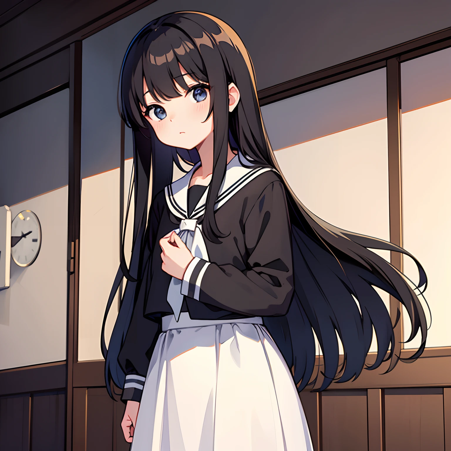 masterpiece、Long black hair、cute little、background whites、No hats、a sailor suit