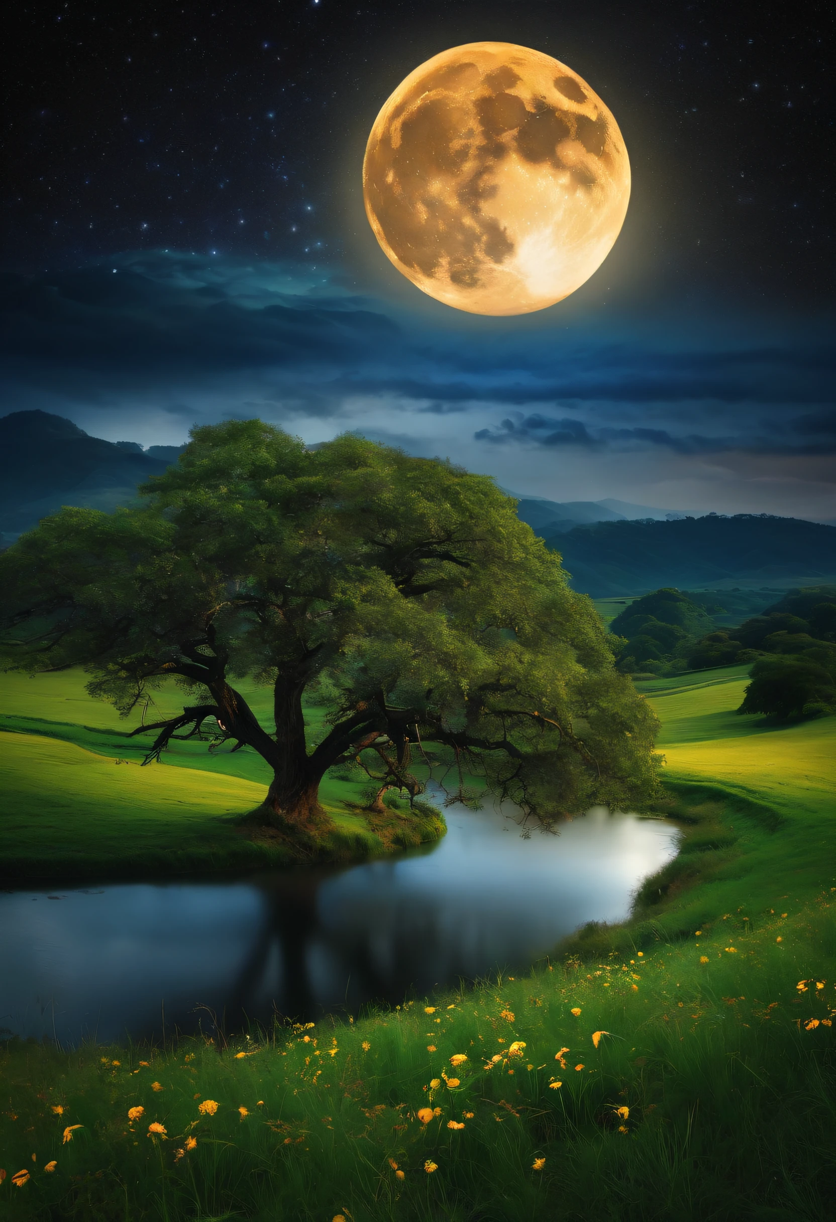 Night Grassland A big tree that shines Winding rivers Dotted flowers Vivid A full moon