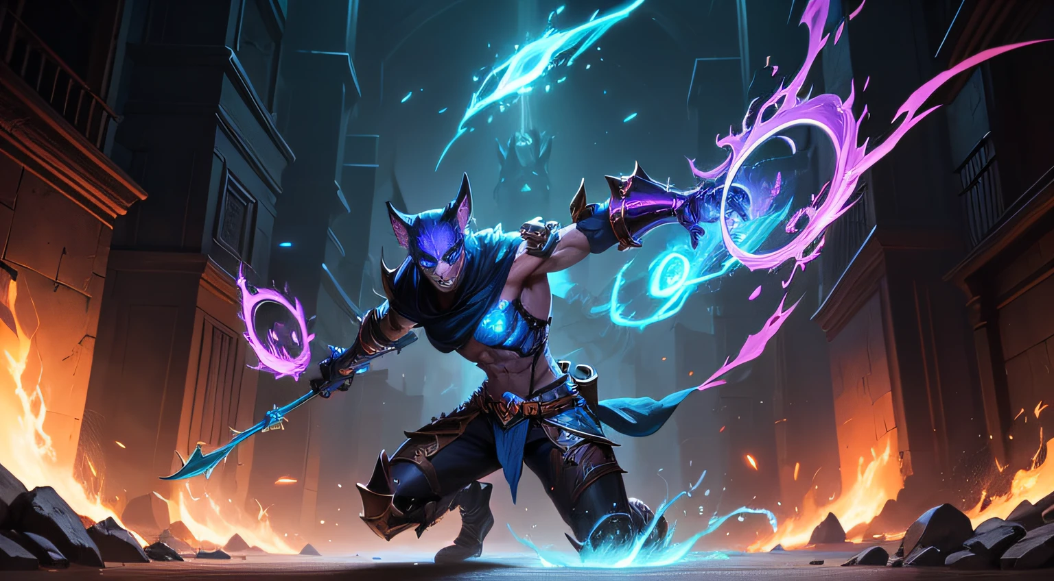 adventure and fantasy theme, Dungeons & Dragons RPG character from League of Legends, an epitome of lethal beauty and arcane power, Dynamic lighting, fiery glow, Digital Art, Energetic, Intense, Dynamic Lighting, Fantasy, High Realism, Fiery Illumination concept art, league of legends concept art, splash art, amazing portrait of viego, league of legends splash art, official splash art, nasus, league of legends art, league of legends character art, from league of legends, league of legends splash art