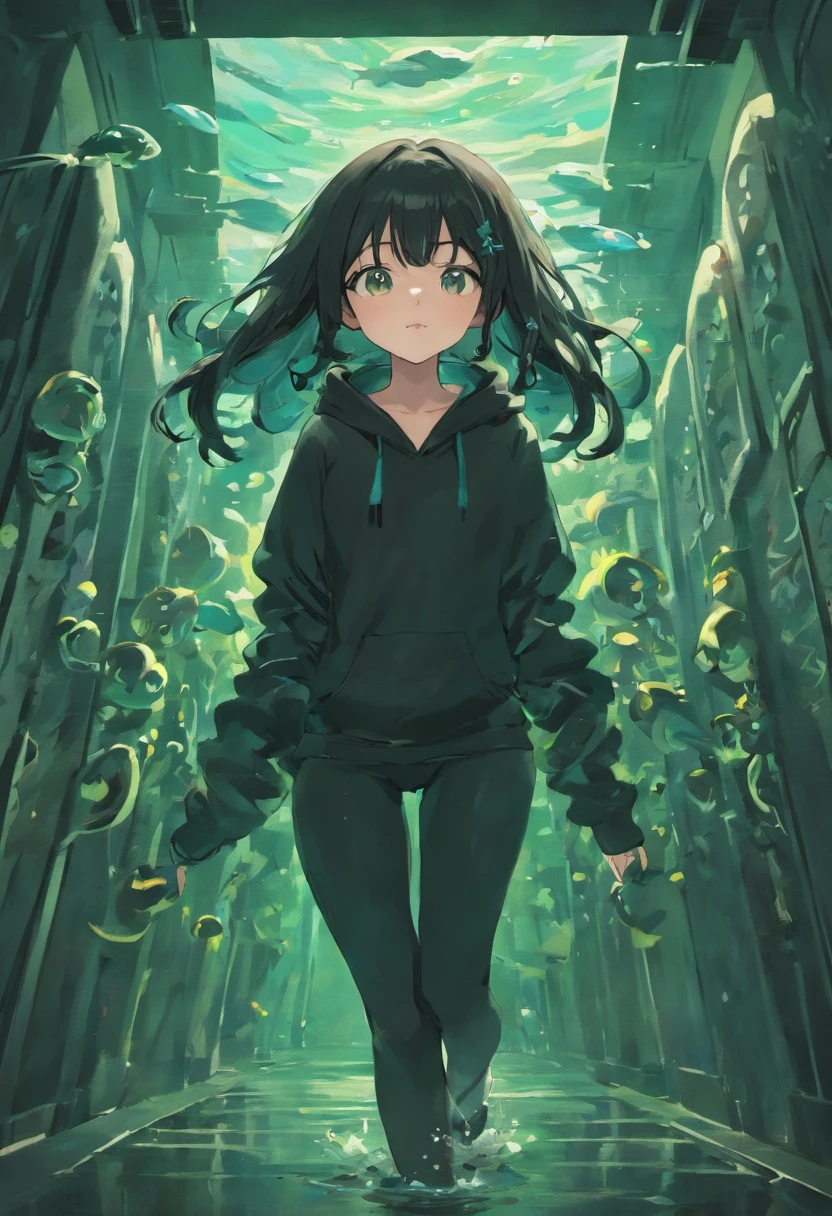 Black-haired girl stretching out tentacles、Wearing a black hoodie and pants、I'm in a Japanese-style room where it's dim and there are a lot of fish swimming.