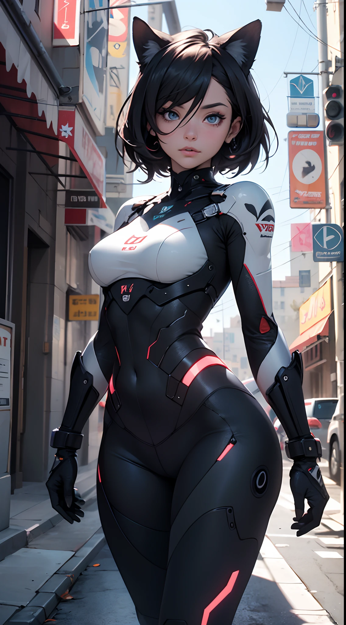 PunkAI, CyberpunkAI, H1C4TT3CH, (Hola Kitty), Cybernate, robot, ciborg, Renderizado de Unreal Engine en 8K, Dentro de una intrincada ciudad llena de neones, action shot, Iris intrincado detallado, Very vivid lighting, sombras pesadas, Detallado, (Vibrante, Foto realista, realista, dramatic, oscuro, foco nítido, 8k),,motor irreal:1.4,UHD,La mejor calidad:1.4, fotorrealista:1.4, textura de la piel:1.4, obra maestra:1.8,obra-prima, mejor calidad,（Beautiful and detailed eye description）