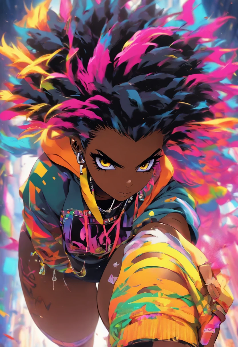 huge ass/thighs, small waist, naked sexy punk rock girl, black Afro, huge boobs, rainbow hair, yellow eyes, dark skin, graphic design hoodie, ripped shorts, High resolution