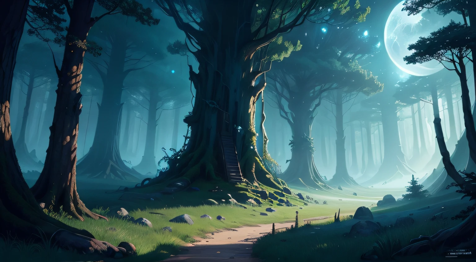 adventure and fantasy theme, Dungeons & Dragons RPG, background nature magical, forest dark magical, moon cyan, concept art fantasy, splash art, best quality, detailed.
