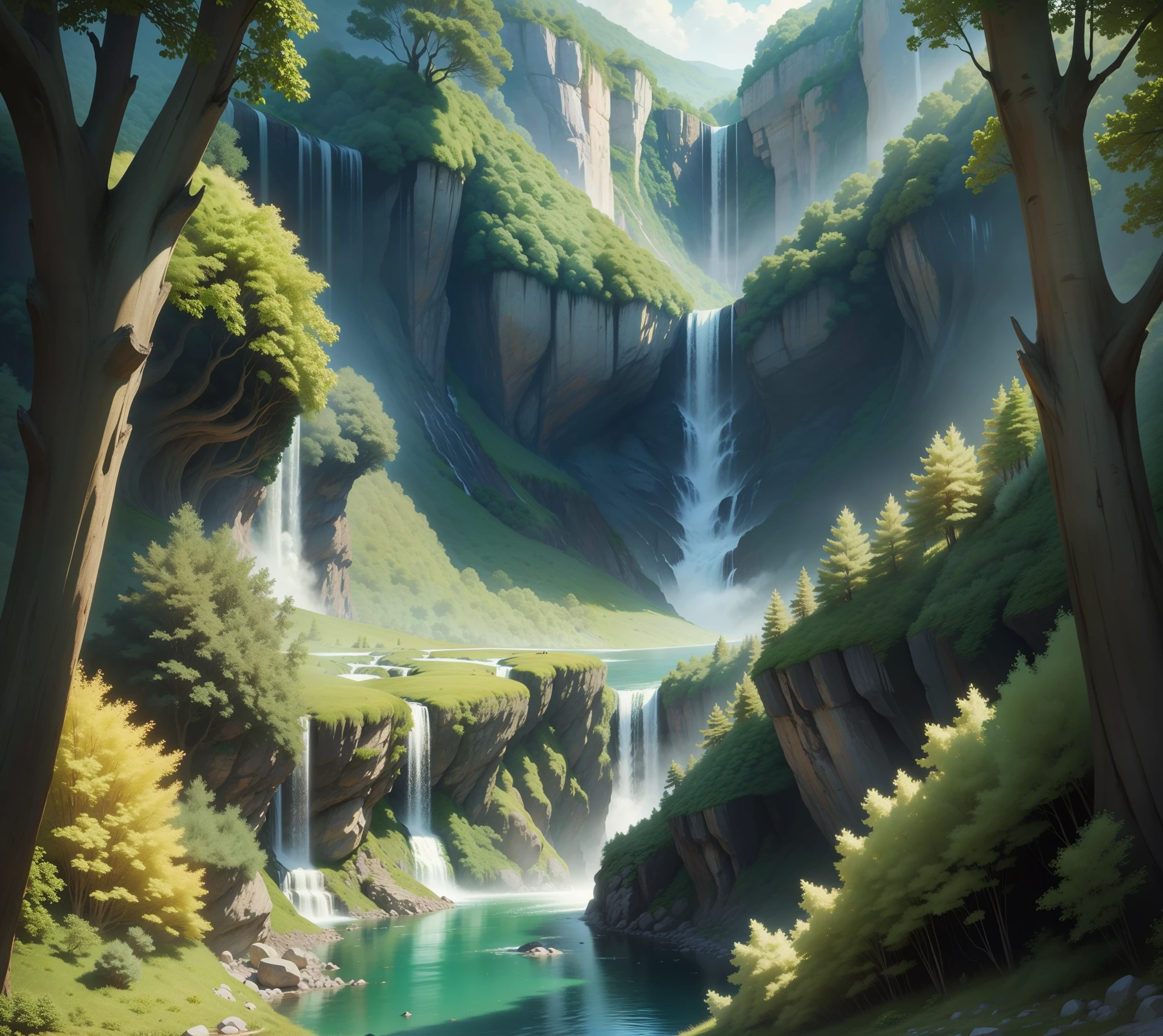 long winding river valley with waterfall at the end, forested, from below, realistic, fine details