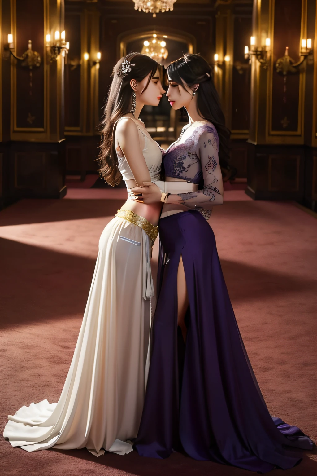 Two women in belly skirts on the carpet in front of the castle,One wears purple,The other wears gold,Full body like,(The two wore ornate jewelry:1.4),romanticism lain, two beautiful women in love, Classical beauty, Lace,ova,(A plump chest:1.2),(slender figures:1.4),(Flat belly:1.4),jewelry,Rococo,elegant glamourous cosplay,elegant cinematic fantasy art,elegant glamourous cosplay, elegant cinematic fantasy art, Realistic painting, Public places,Transparent clothes,2girls,hug,Kiss,Gaze into each other's eyes,Full of tenderness conveyed silently,AOA,Damp,Chest contact,Blue pupils