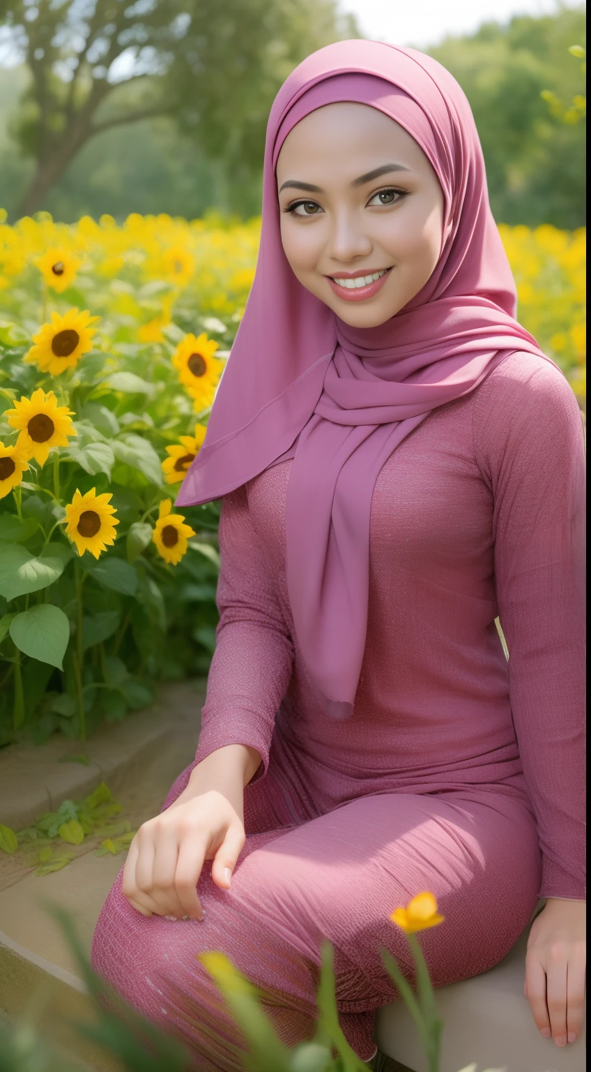 Malay girl in long hijab wear baju kurung, pastel color, kneeling in sunflower field, windy, blown her hijab, front view, detail skin, detail skin texture, mole below eyes, small breast, wide hips, small waist, thick thigh, slim abs, beautiful body, sunrise, laughing, happy, bright lighting, blur background, bokeh,