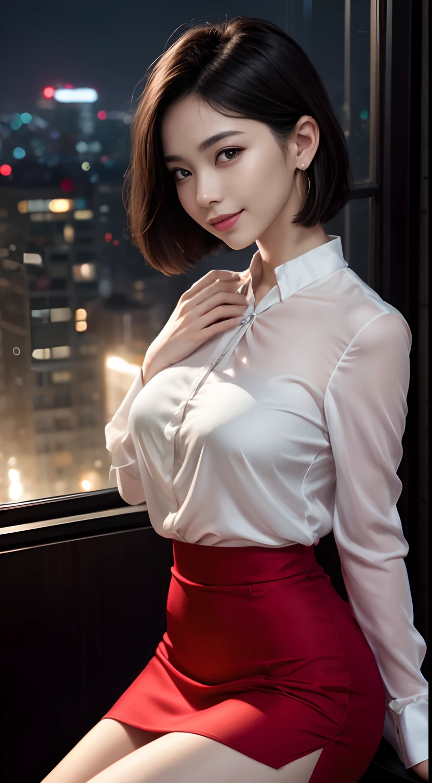 8k, masterpiece, RAW photo, best quality, photorealistic, extremely detailed CG unity 8k wallpaper, Depth of field, Cinematic Light, Lens Flare, Ray tracing, (extremely beautiful face, beautiful lips, beautiful eyes), intricate detail face, ((ultra detailed skin)) 1girl, in the dark, deep shadow, pretty asian girl, very slim slender fit-muscled body), ((looking at viewer)),(big smile), (blurry background), midnight, (pretty asian girl), earrings, bracelets, necklace, clear eyes, shot, (pale skin), face forward, (big eyes), ((close up shot)), (looking at viewer), medium breasts,((smile)), (see through), (open breasts), ( very slim), (white silk shirt), ((red silk skirt)), thick thighs, short hair, laced blouse, laced stockings, rooftop, dim lights, big windows, bed, ((night)), cityscape,