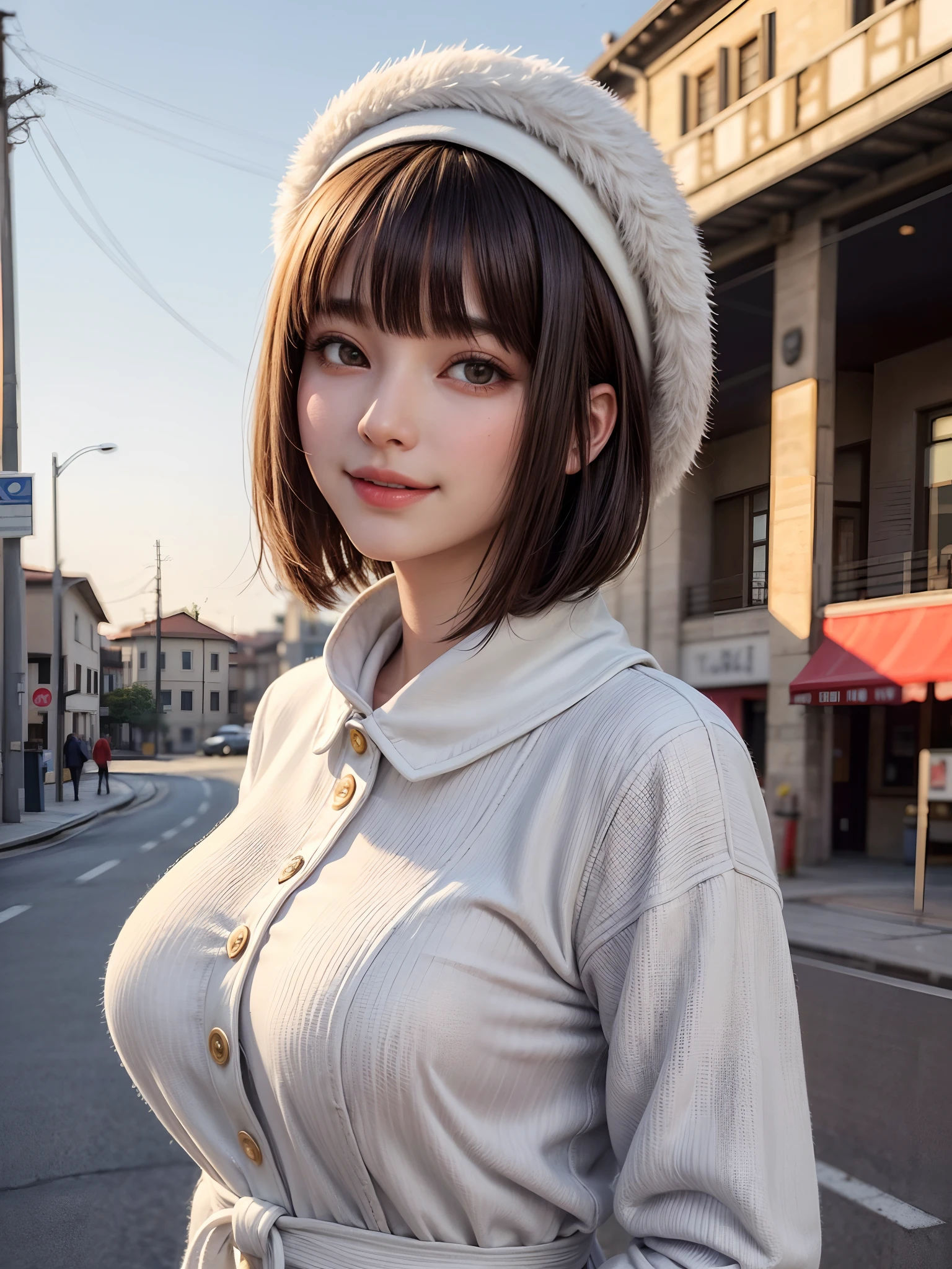 (masterpiece, top-quality、Very attractive adult beauty、Add intense highlights to the eyes),1girl in, 独奏, A dark-haired, scarf, Hats,, realisitic, looking at the viewers, black eyes of light color, shorth hair, coat, Winter clothes, White headscarf, s lips, lipgloss,bangss,, a closed mouth, The upper part of the body、big eye、Lashes、((Road system in Italy))、((Shorthair with bangs、big eye、Put very strong highlights in your students、very Bigger breasts、gazing at viewer、Very beautiful beauty、Put your ears out、long neck、little smiling、Close your mouth and smile)))、28 year old、Very cute supermodel