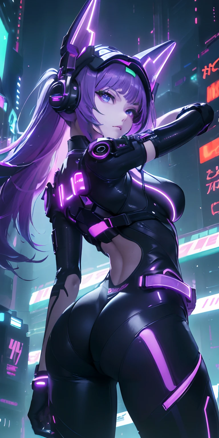 top-quality))、((​masterpiece)、cyberpunked、Big buttocks、Electronic visor attached to -yeld gis face with emphasis on buttocks、Cyberpunk Fashion、Sexy Posing、(Wear lilac body spats on the lower body、Breasts enlarged、Neon lights in dark city at night、(Various poses)