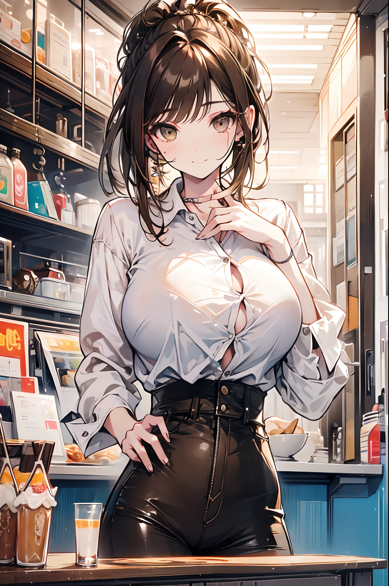1 pretty girl,white skinned,brown hair,shorter pants,looking at viewert,pony tails,Cafe,Brown eyes,Realistis,Curved posture,Bigchest,huge tit,ssmile,low chest