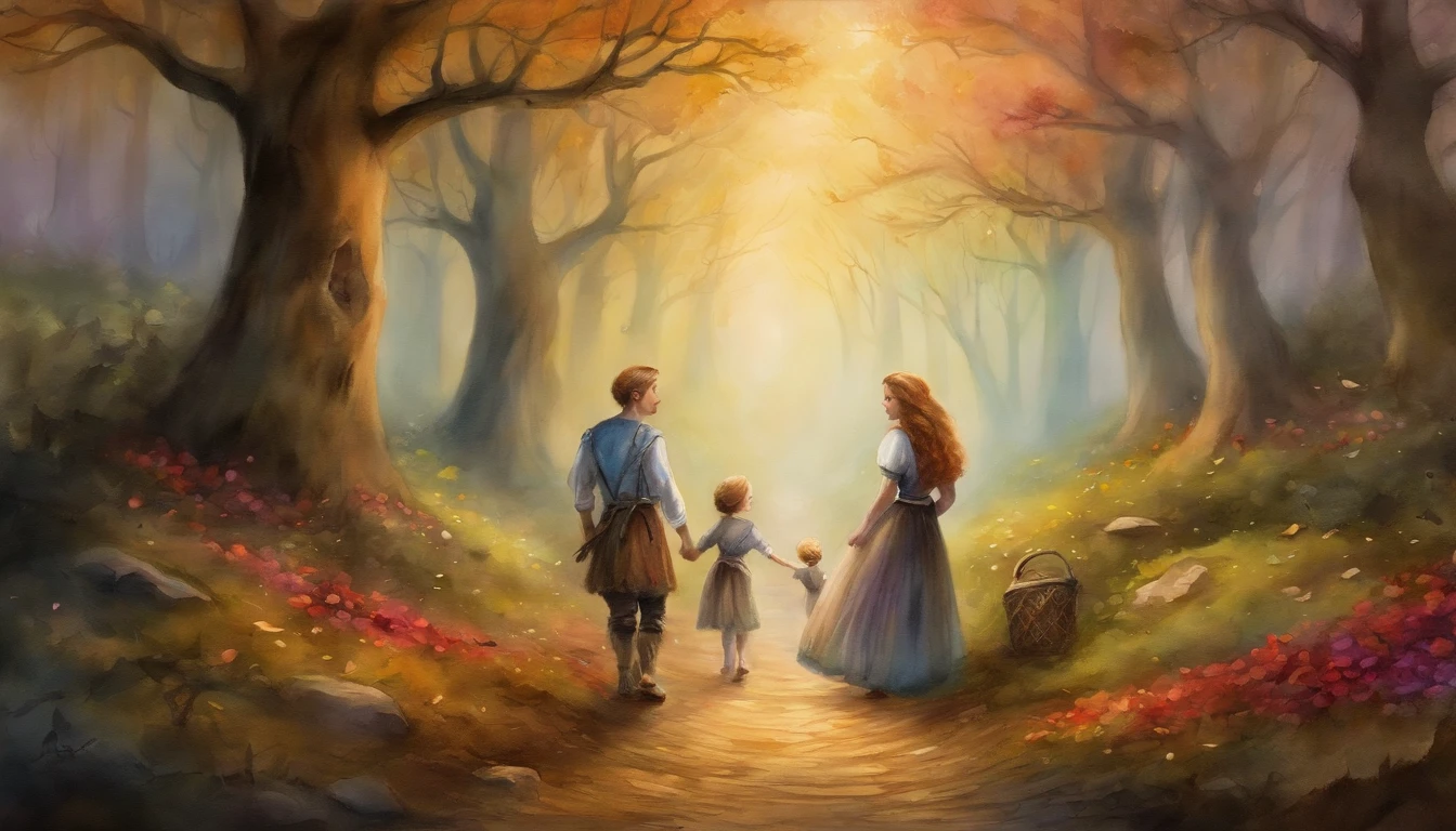 (best quality,4k,8k,Altas,master part:1.2) magical scene: Hansel and Gretel holding hands in lantern-lit grove, ancient trees around, petals on the ground, exprimindo amor atemporal e aventura.