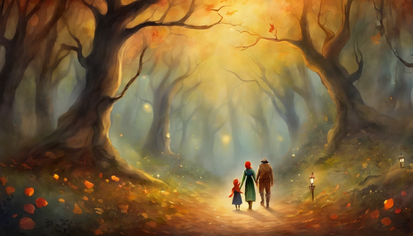 (best quality,4k,8k,Altas,master part:1.2) magical scene: Hansel and Gretel holding hands in lantern-lit grove, ancient trees around, petals on the ground, exprimindo amor atemporal e aventura.
