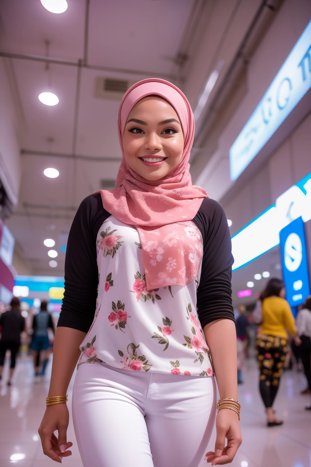 Portrait photography of a beautiful young malay girl in hijab wearing white floral pattern tank top with pink leather jacket and tight white jeans walking, catwalk, nighttime, crowded mall background, bright lighting, smile and happy gesture, detail skin texture, 4k, high detail, ultra detail,