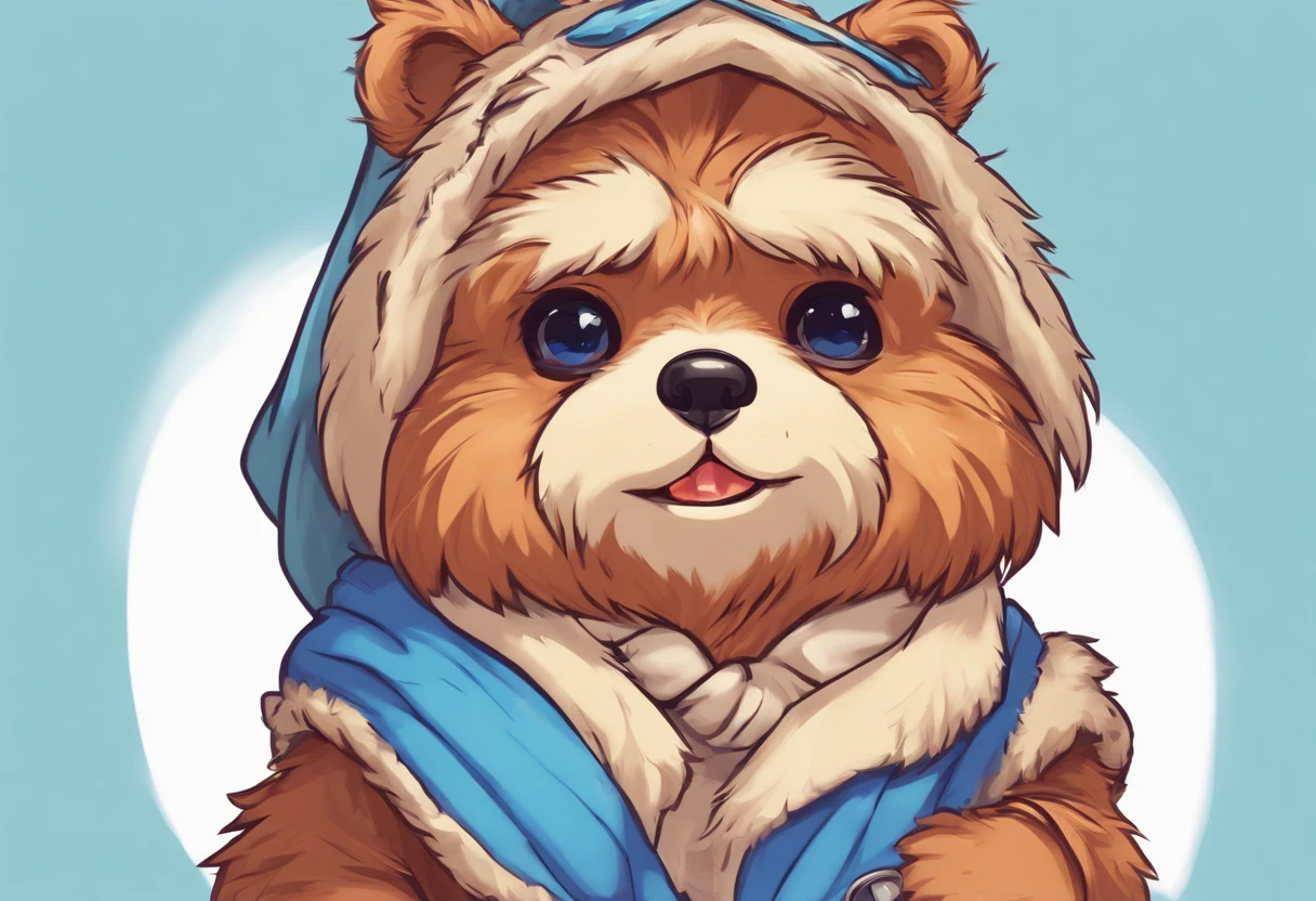 Ewok with sky-blue and blue fur, a blue bow, white tuff of hair, green eyes with glasses , masterpiece, best quality