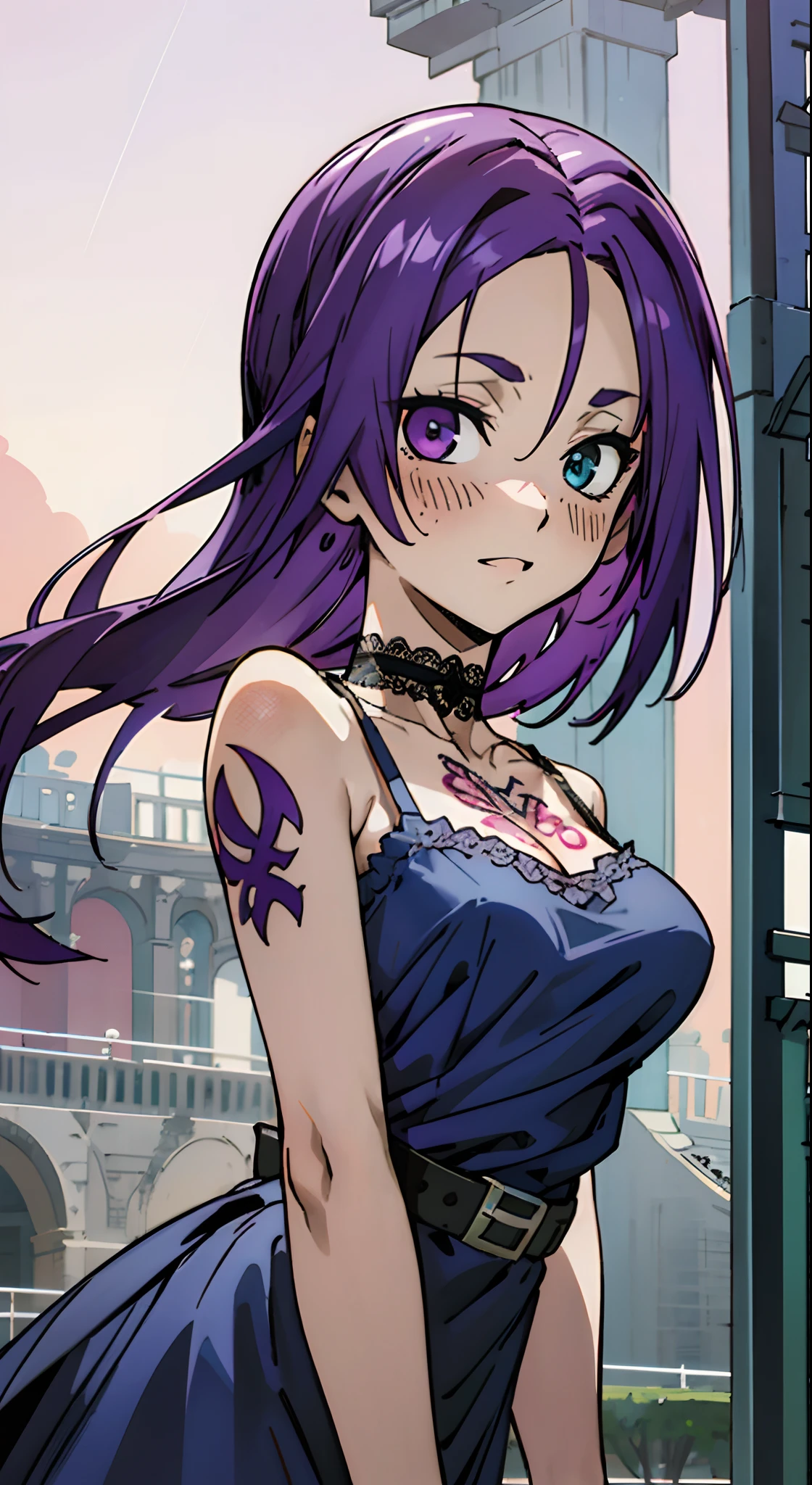 masutepiece, Best Quality, Ultra-detailed, Colorful,Up-close, Hyper-detailing，purple color  hair, Ultra-realistic hair quality, Vibrant colors, Beautuful Women, Beautiful long hair, Shiny hair, detailed hairs, Hair Ribbon, Single-sided up, Reo Mikage, Blue Lock, no sleeves, Camisole and cheongsam, Blue Camisole, Blue Dress, Dress, Lace dress, chinese clothes, Chest exposure, Lace underwear, Metamorphosis is exposed, Belt bag, Choker, Black Choker, arm warmer, complete fingers, Five Fingers, Two arms, Two hands, The tattoo, body tattoo, arm tattoos, Blue Rose Tattoo, Tattoo on the wrist, Tattoo on the thigh, Relative area, Sexy breasts, Big breasts, red blush, 1girl in, Solo, Sharp face, Heterochromia, Green eyes, Purple eyes, Bare neck, Happy face, Beautiful sky, shining sky, Roman Colosseum, Ancient Roman Arena.