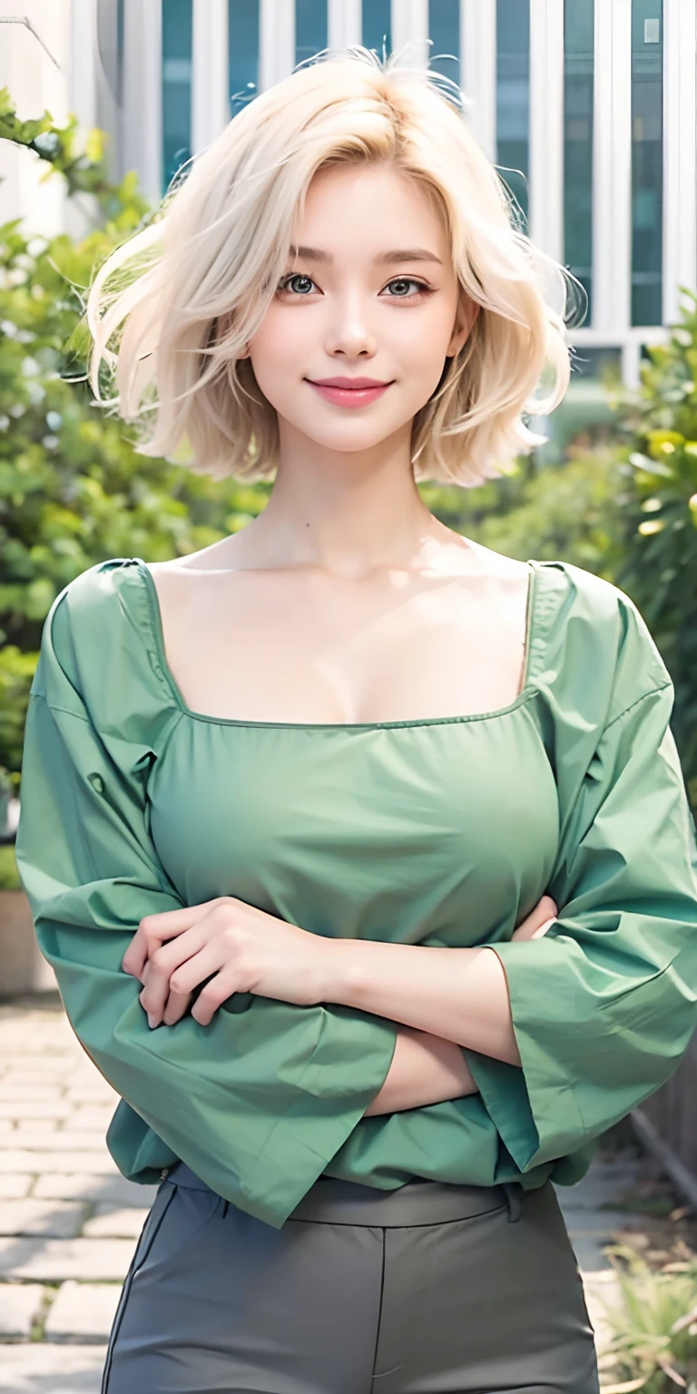 1girl,big breast,blonde hair,short hair,green clothes,gray pants,smile