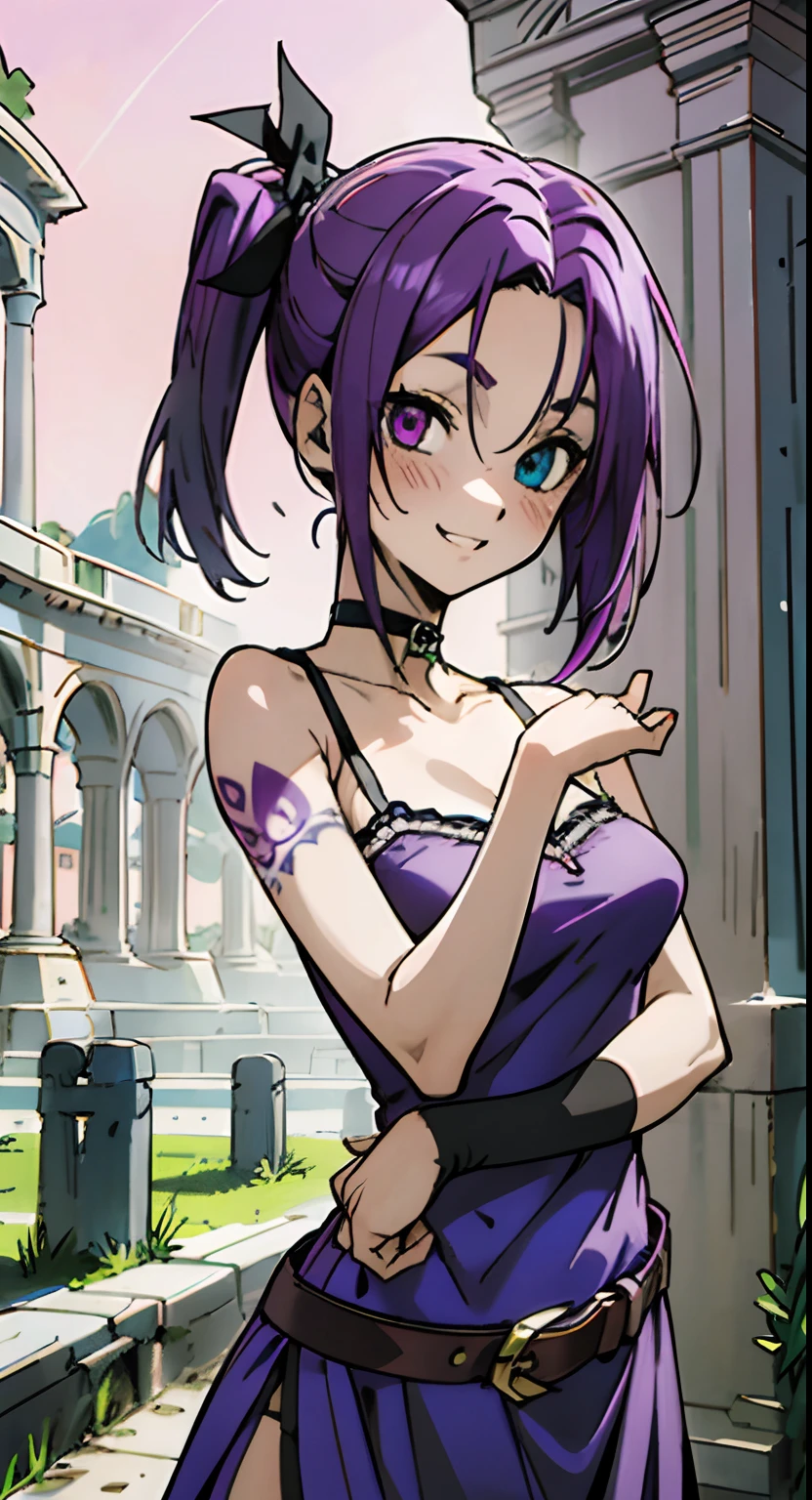 masutepiece, Best Quality, Ultra-detailed, Colorful,Up-close, Hyper-detailing，purple color  hair, Ultra-realistic hair quality, Vibrant colors, young girl, age 14 girl, Beautiful long hair, Shiny hair, detailed hairs, Hair Ribbon, Single-sided up, Reo Mikage, Blue Lock, no sleeves, Camisole and cheongsam, Blue Camisole, Blue Dress, Dress, Lace dress, chinese clothes, Chest exposure, Lace underwear, Metamorphosis is exposed, Belt bag, Choker, Black Choker, arm warmer, complete fingers, Five Fingers, Two arms, Two hands, The tattoo, body tattoo, arm tattoos, Blue Rose Tattoo, Tattoo on the wrist, Tattoo on the thigh, Relative area, Sexy breasts, Big breasts, red blush, 1girl in, Solo, Sharp face, Heterochromia, Green eyes, Purple eyes, Bare neck, Happy face, Beautiful sky, shining sky, Roman colosseum, Ancient Roman arena.