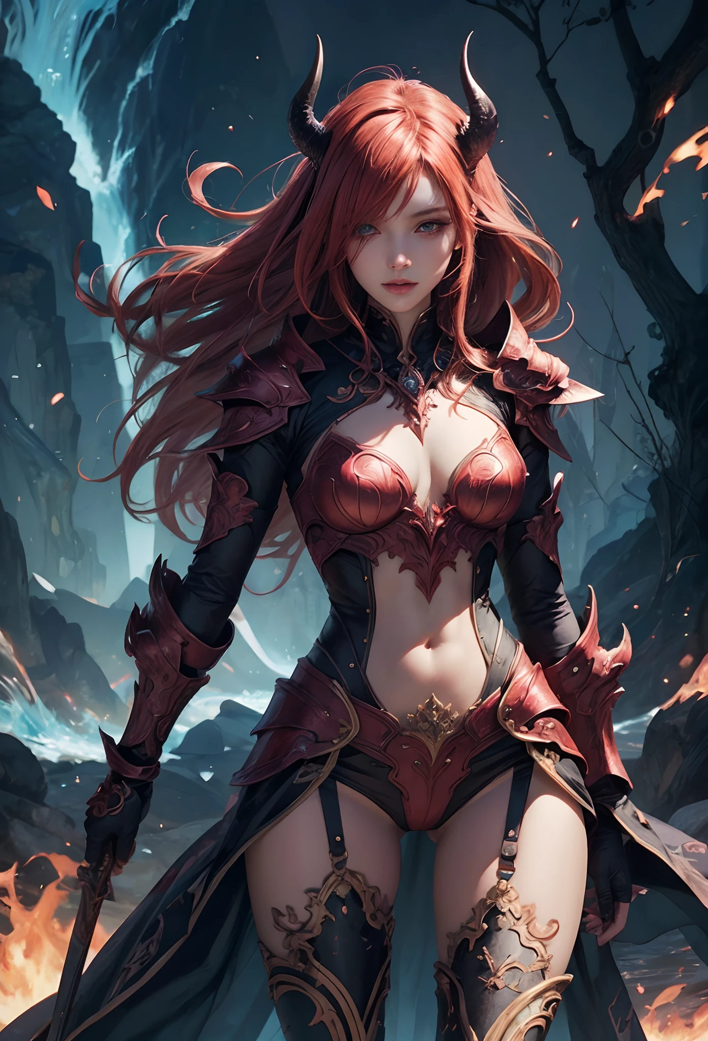 (Detailed illustrations,Very detailed and detailed drawing,Delicate lines with slow and rapid,Realistic texture expression),[Color tressed main line],[Lava cave background [Hot hell:0.4]],HENAI ANIME (Red-skinned DemonGirl 19 years old slender muscular) Flame hair (Devil's Knight:0.8),(Bone armor [crack in the chest:0.6] [Blade of Fresh Blood:0.4]) (edg),[[Dark Fantasy]],(Intricate and beautiful decoration [Dense detail]),(Fine and beautiful skin expression [Transparency]),[Perfect eye details (Iris beautifully drawn in every detail)[Jewel-like eyes]],[long and beautiful eyelashes],[Meticulously drawn hair [More on beautiful and shiny hair]],(Perfect hand details [Beautiful fingers without breakdowns [Beautiful nails]]),(Perfect Anatomy (Perfectly proportioned)) [[Full body like]],[Ideal color coordination(Accurate simulation of light-material interactions)],(HighQuality,[Precision Detail] hight resolution,(detaileds,high-detail)),[Visual art that conveys a sense of narrative].