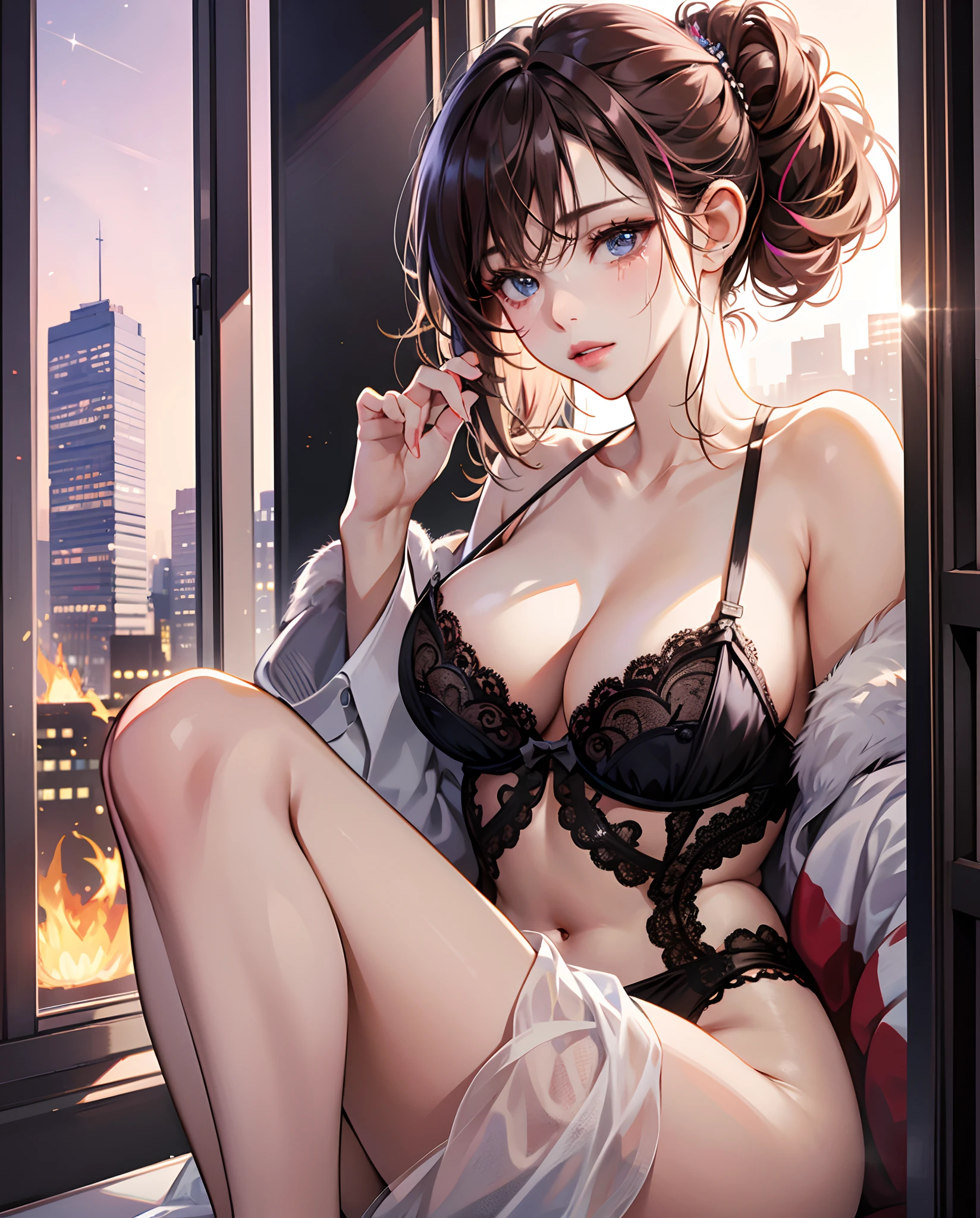 ultra detailed detail, ultra high quality, ultra high resolution, girl, ultimate pretty face, extremely detailed eyes and face, blue-black eyes, twinkle eyes, slightly pink lips, middle hair, dark brown hair, wept bang, half updo, sexy-naughty lingerie, lying back, one’s knee up, from high-rise apartment room, flame-less window, cityscape, sunlight, nsfw:1.5 --auto --s2
