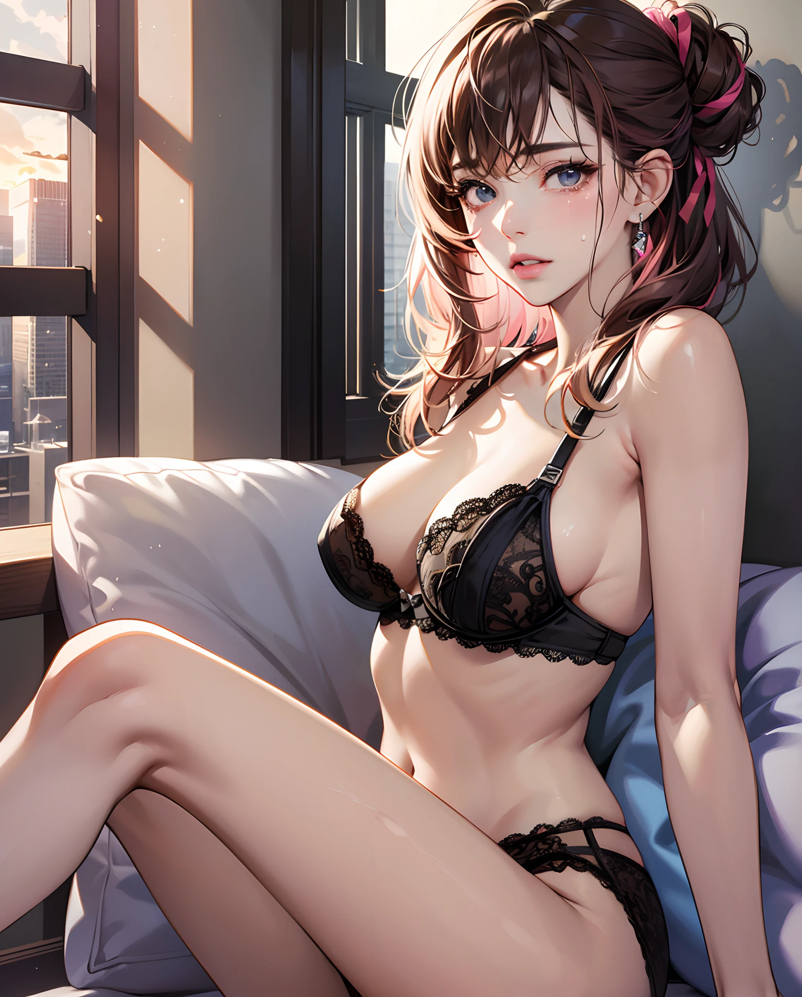ultra detailed detail, ultra high quality, ultra high resolution, girl, ultimate pretty face, extremely detailed eyes and face, blue-black eyes, twinkle eyes, slightly pink lips, middle hair, dark brown hair, wept bang, half updo, sexy-naughty lingerie, lying back, one’s knee up, from high-rise apartment room, flame-less window, cityscape, sunlight, nsfw:1.5 --auto --s2