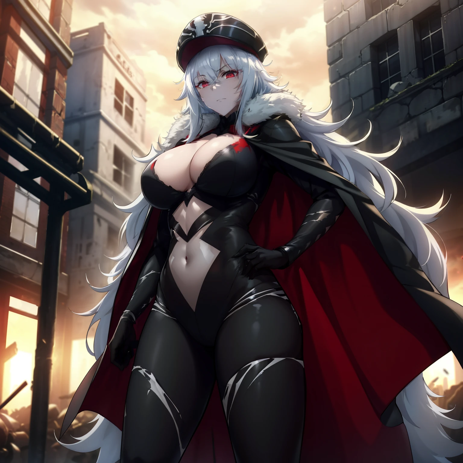 1girl,gigantic breasts,standing in ruined city,(8k),scratches,detailed face,white hair,red eyes,long hair,embarassed,small smile face,high_res, high_definition,the battlefield,Heroic pose,dark suit,military hat,black cape,(symbiote spider man Custome:1.1),