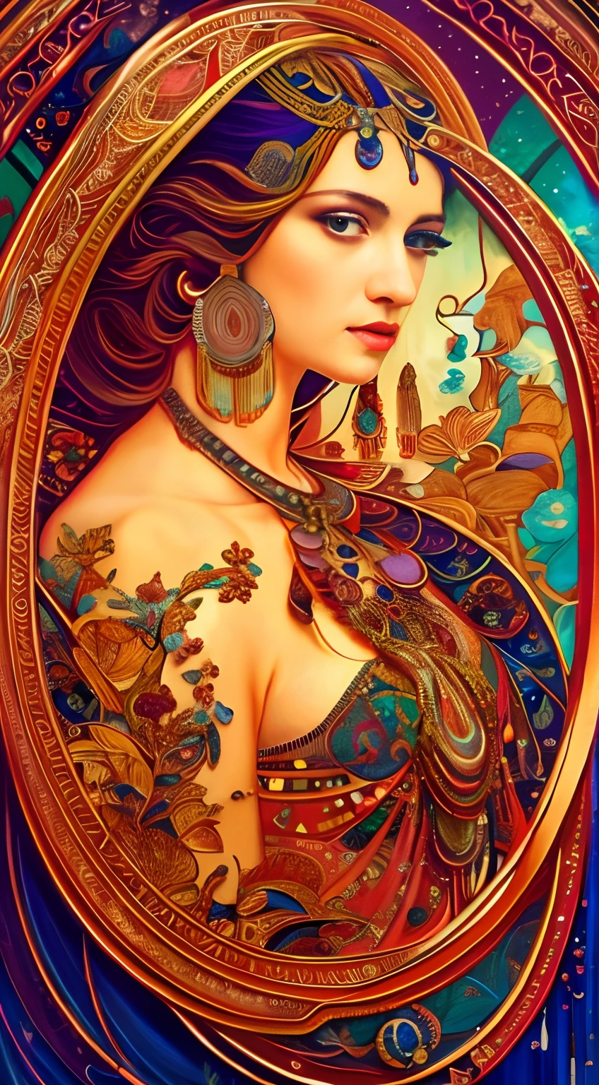a painting of a woman with a large necklace and earrings, mucha style 4k, hyperrealistic art nouveau, by Tomek Setowski, intricate beautiful painting, great digital art with details, full of colors and rich detail, beauty art nouveau woman, detailed art in color, inspired by andrey ryabovichev, beautiful intricate painting, gorgeous digital art