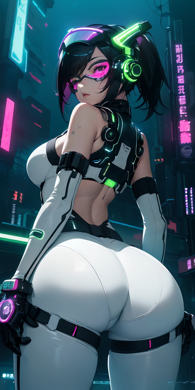 top-quality))、((masterpiece)、Sideways view、cyberpunked、Big buttocks、Electronic visor attached to 12-year-old girl's face with emphasis on buttocks、Cyberpunk Fashion、Versatile sexy poses、(Wearing white body spats on lower body、Breasts enlarged、Neon lights in dark city at night
