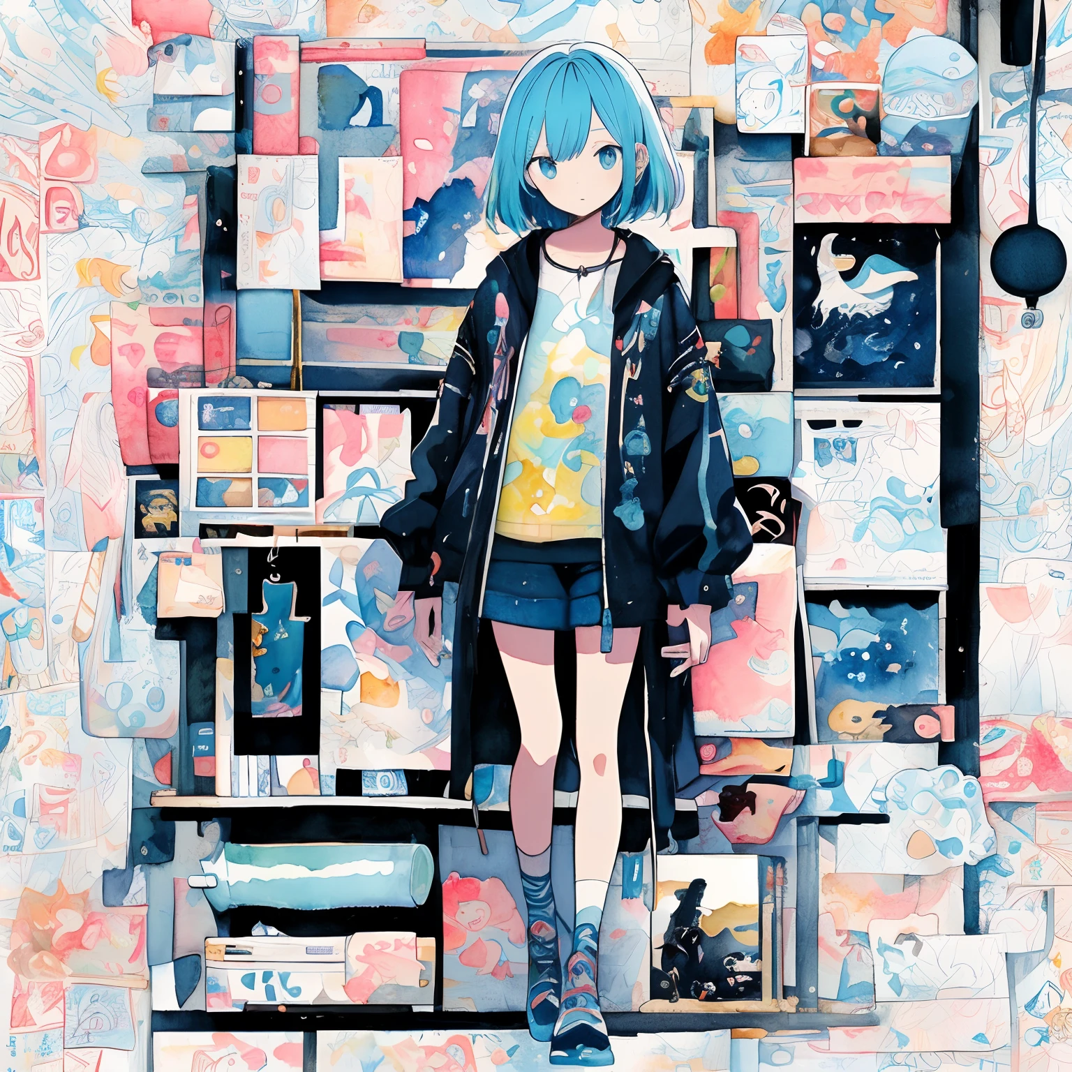 (PastelColors:1.5)、(Illustration Cool:1.5)、(watercolor paiting:1.2)、uth Full Body Subian、Anime girl with blue hair and colorful jacket surrounded by many objects, Detailed anime artwork, Trending Anime Artwork, anime art wallpaper 4k, anime art wallpaper 4k, beautiful anime artwork, clean detailed anime art, detailed anime art, anime graphic illustration, Detailed Digital Anime Art, Anime art wallpaper 8k, Trending anime art, Anime Illustration, anime style 4 k
