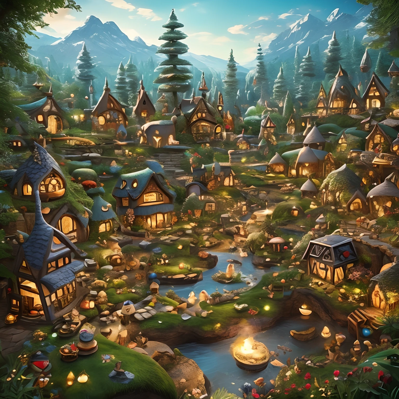 Envision a whimsical, fairy-tale-like village nestled in the hollow of a giant boot amidst an enchanted forest. Tiny inhabitants go about their magical lives.