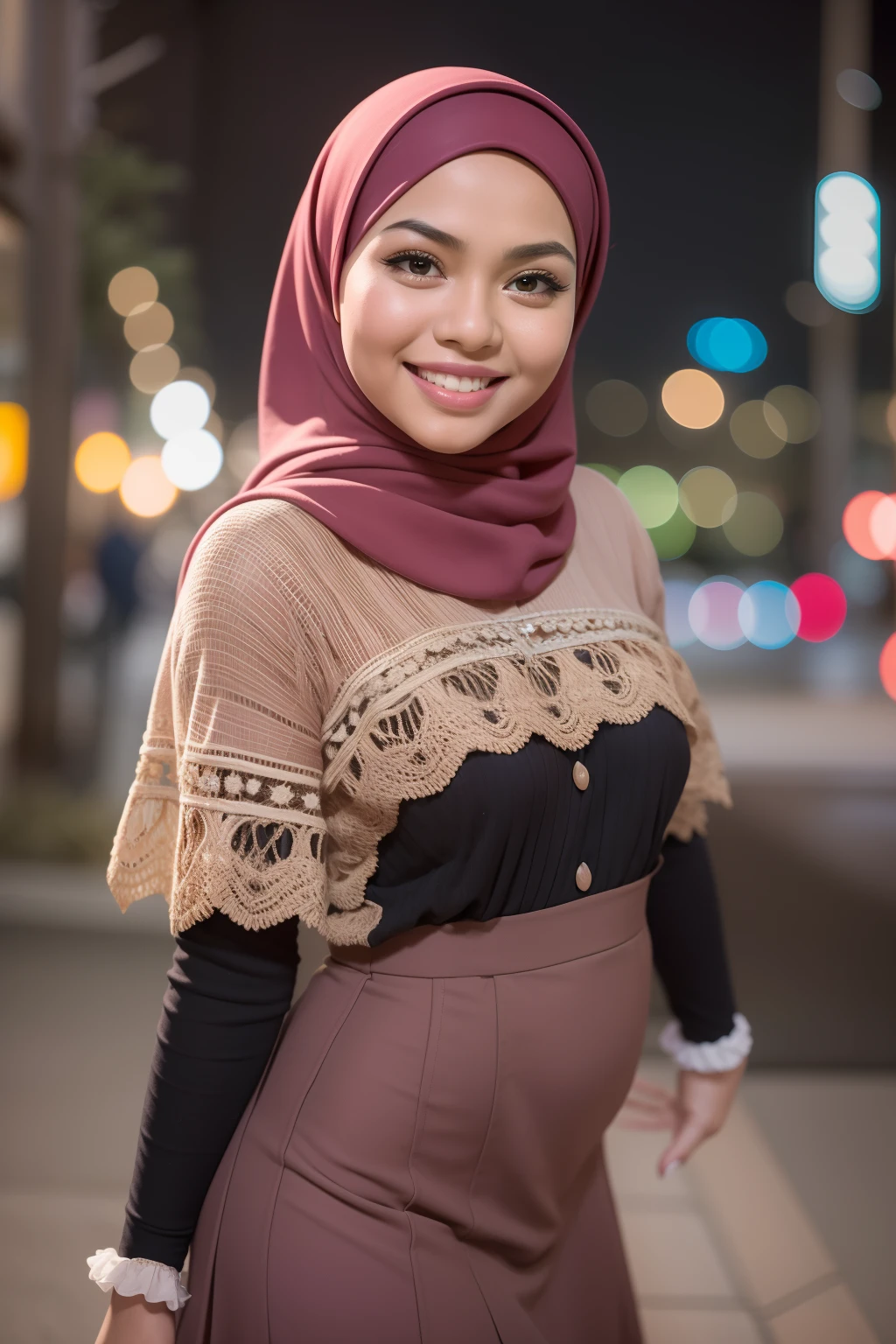 Portrait photography of a beautiful young malay girl in hijab wearing Fairycore Lace Up Ruffle Hem Pinafore Skirt, catwalk, nighttime, crowded mall background, bright lighting, smile and happy gesture, small abs, wide hips, thick thighs, small abs, petite, detail skin texture, 4k, high detail, ultra detail,