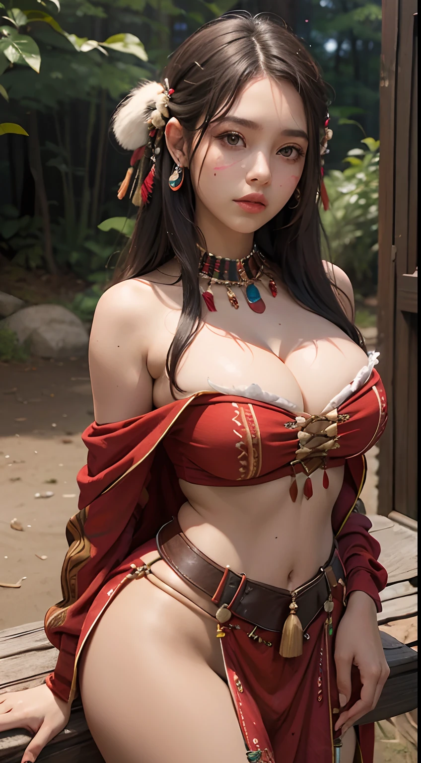 1girll, Large breasts,cleavage, Off-the-shoulder attire,Primitives,Native American,Animal skin clothing,Be red in the face,sportrait