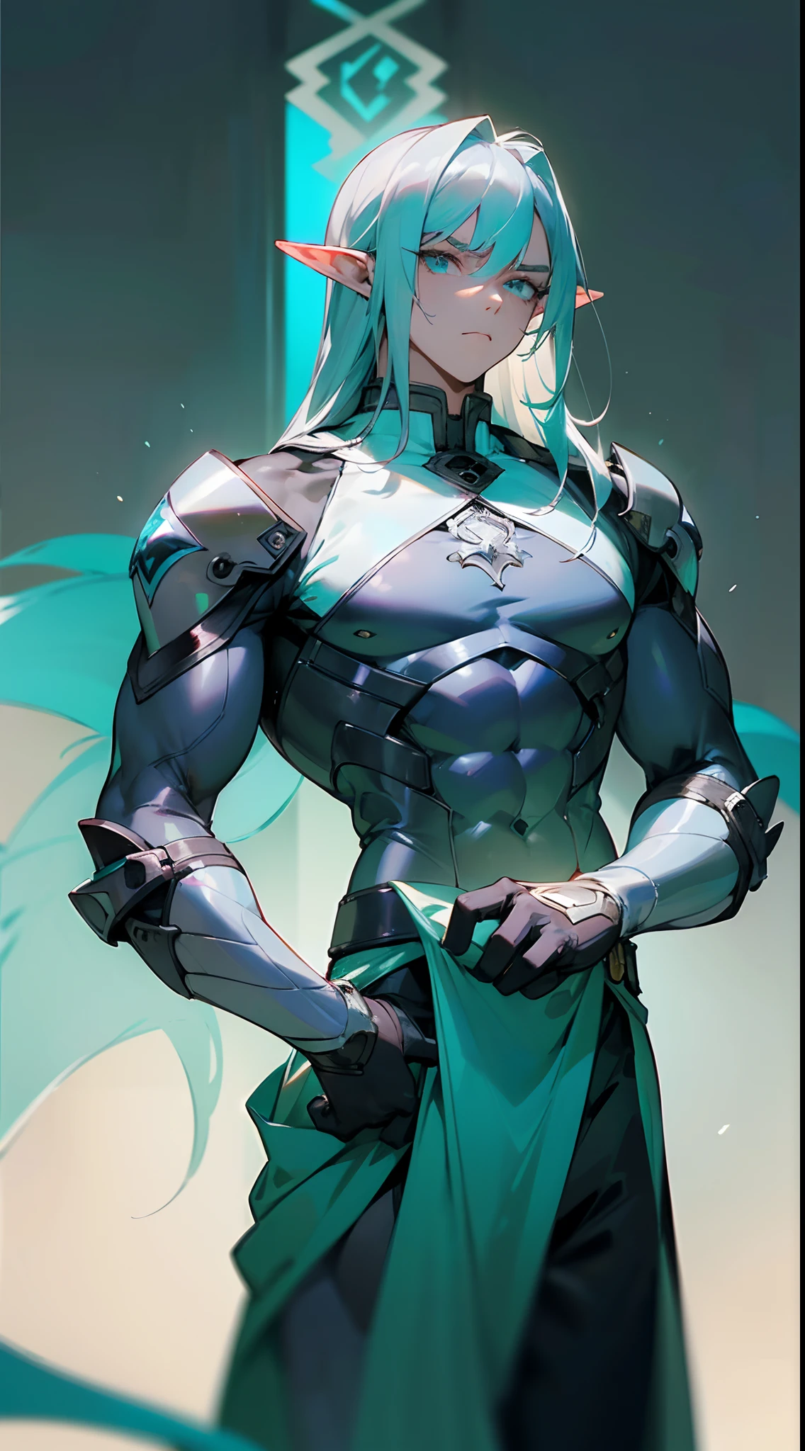 (masterpiece, best quality:1.3),beautiful detailed glow,best illuminate,(((best quality,textile shading,ultra detailed))),extremely detailed CG unity 8k wallpaper,Highly Detailed beautiful and aesthetic,best light,high resolution,detailed,dynamic lighting , 1Character , pastel washed out colors , cell shade , soft, muted shades ,gentle colors ,sword art online art style, hair is long, flowing, and silver-white in color. It cascades down his back in a silky and ethereal manner, His skin is pale and porcelain-like, eyes are a piercing, bright aqua or turquoise blue, often described as "Mako eyes." They radiate an intense and cold determination, with a hint of mystery, His facial features are sharp and perfectly chiseled, with high cheekbones and a strong jawline, tall and imposing figure. He is exceptionally well-built, with a lean yet muscular physique , shoulders are broad, ripped body , muscular, has elf ears