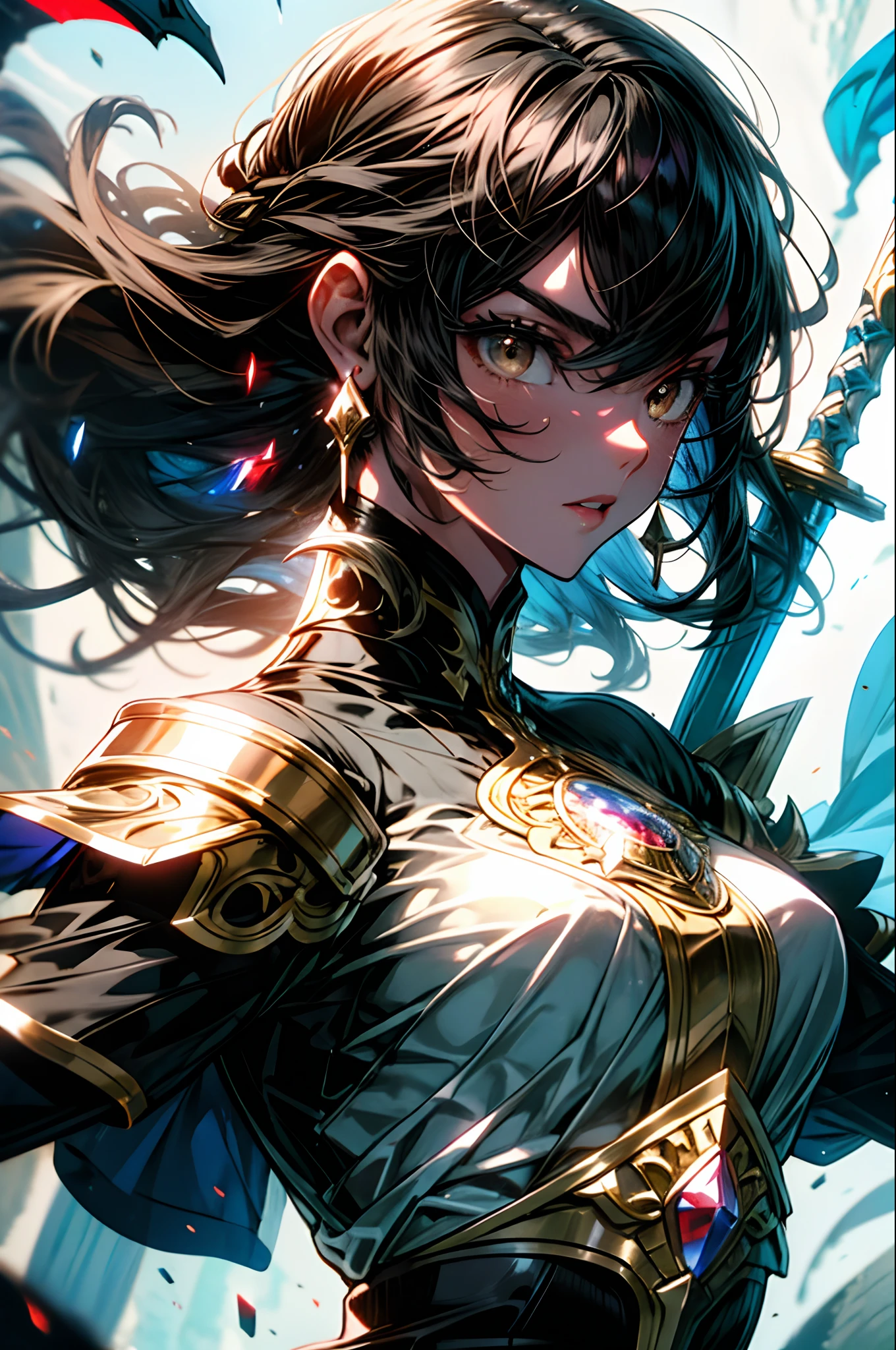 A knight in iron armor holding a medieval long sword, big black hair, shiny armor, determined face, windblown hair, brown eyes, battle crest on her armor, 1girl, sword over her shoulder, an iron dragon in the background, beautiful face, master piece, detailed background, detailed body, detailed armor, 4K, Full HD, detailed skin, standing looking at the horizon.