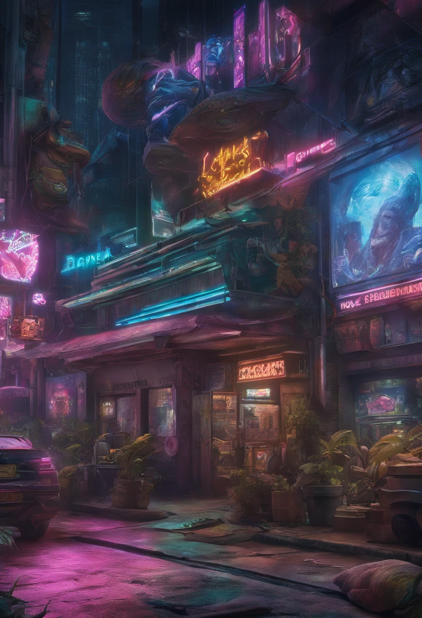 "Cyberpunk-inspired immersion, A world of neon lights, Let yourself be mesmerized by the surreal spectacle of the planets that dominate the skies, Lleno de cautivador arte digital."
