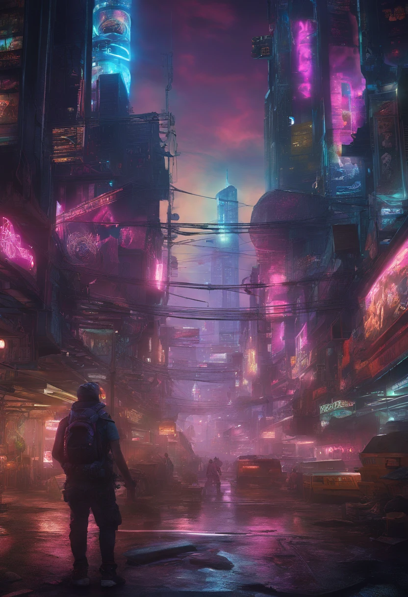 "Cyberpunk-inspired immersion, A world of neon lights, Let yourself be mesmerized by the surreal spectacle of the planets that dominate the skies, Lleno de cautivador arte digital."