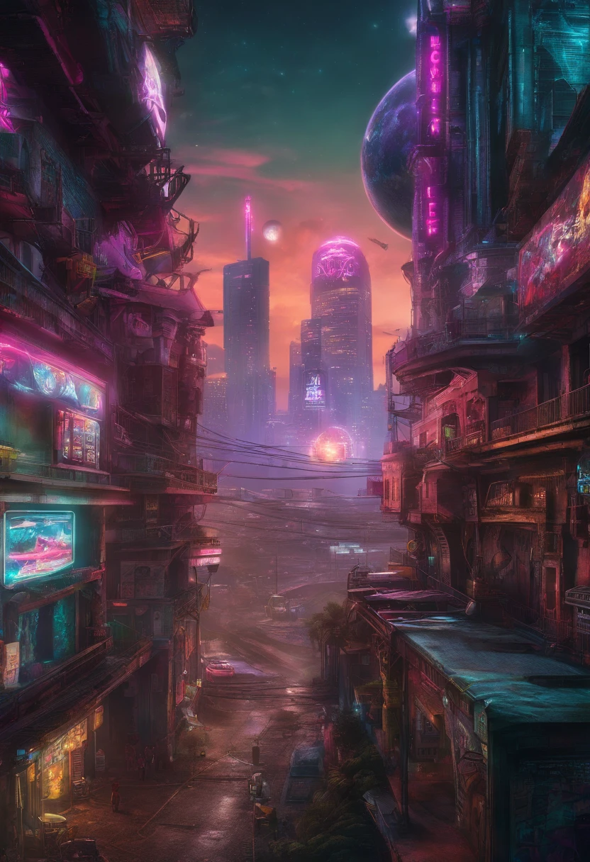 "Cyberpunk-inspired immersion, A world of neon lights, Let yourself be mesmerized by the surreal spectacle of the planets that dominate the skies, Lleno de cautivador arte digital."