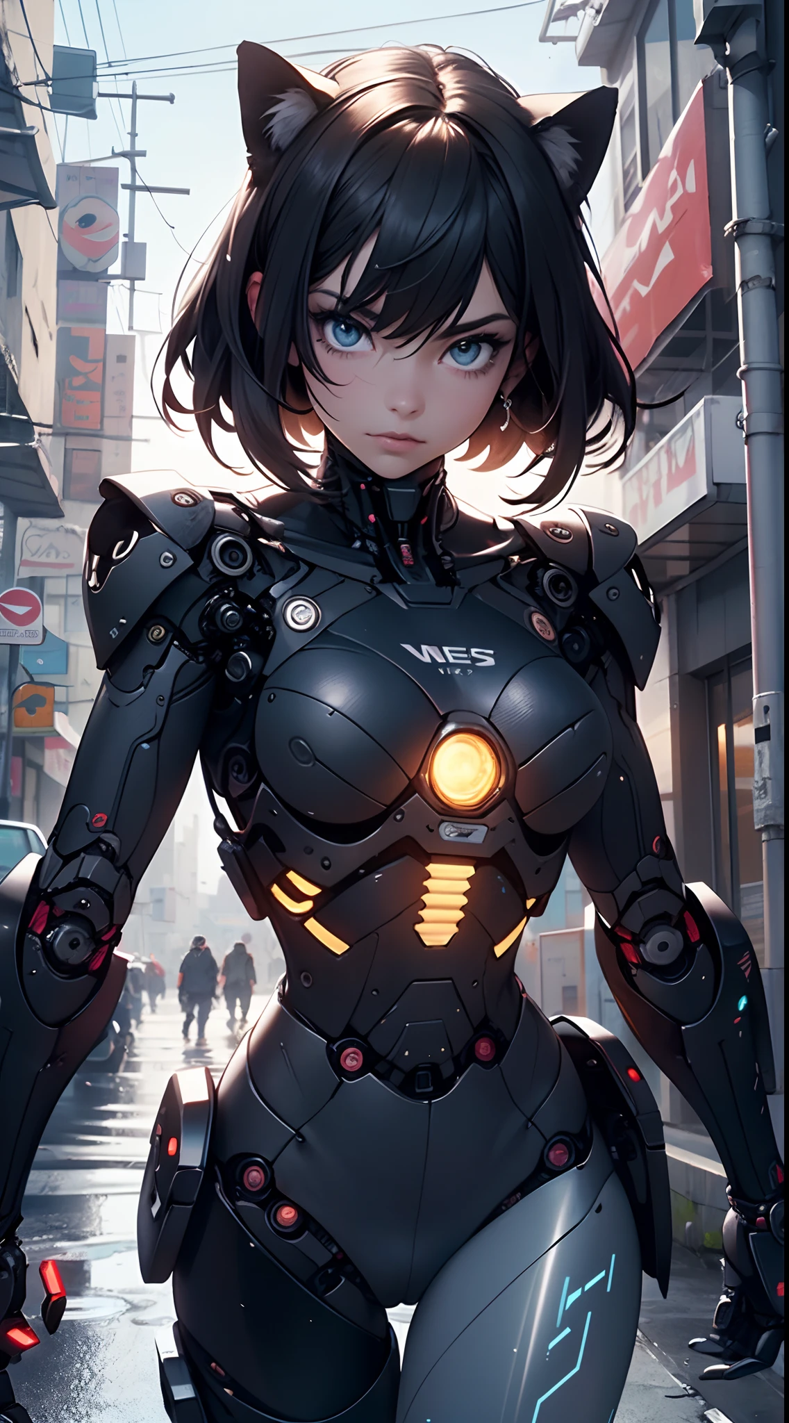 cinematic, aesthetic, (masterpiece:1), reelmech, ((Cowboy Shot of 1girl)), mechanical arms and legs, cyborg, evil mood, Cimmerian, look at the camera, head down, glowing bokeh in background <lora:reelmech1v2:0@.3,.7@.5,.9@.8,0@1>