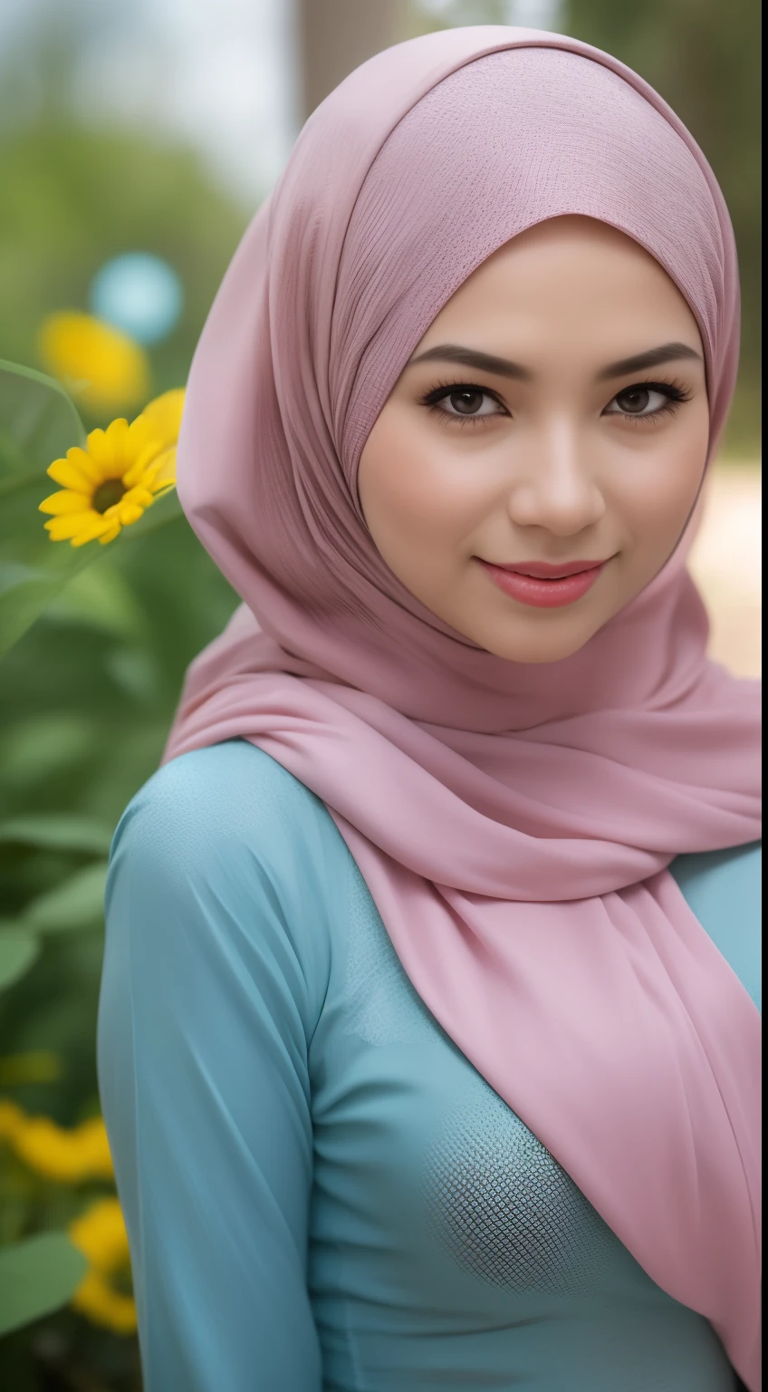 Malay girl in long hijab wear baju kurung, pastel color, seat in sunflower field, seat on the ground, windy, blown her hijab, front view, detail skin, detail skin texture, mole below eyes, small breast, wide hips, small waist, thick thigh, slim abs, beautiful body, sunrise, laughing, happy, bright lighting, blur background, bokeh,