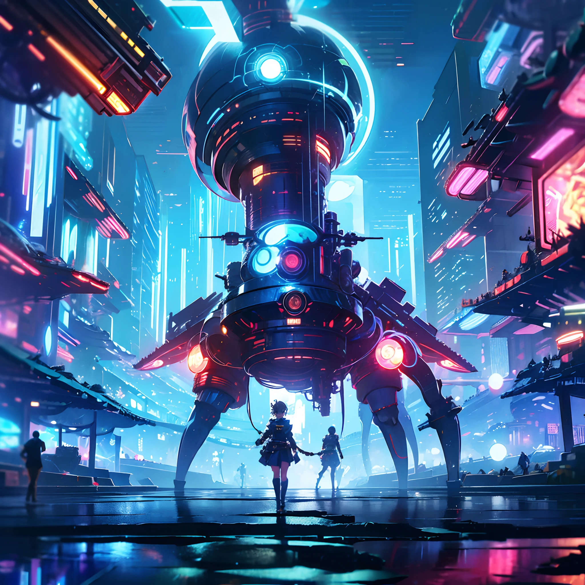 Technologically sensed city,darkly,Flashing,People come and go in the city, animation, Technology development