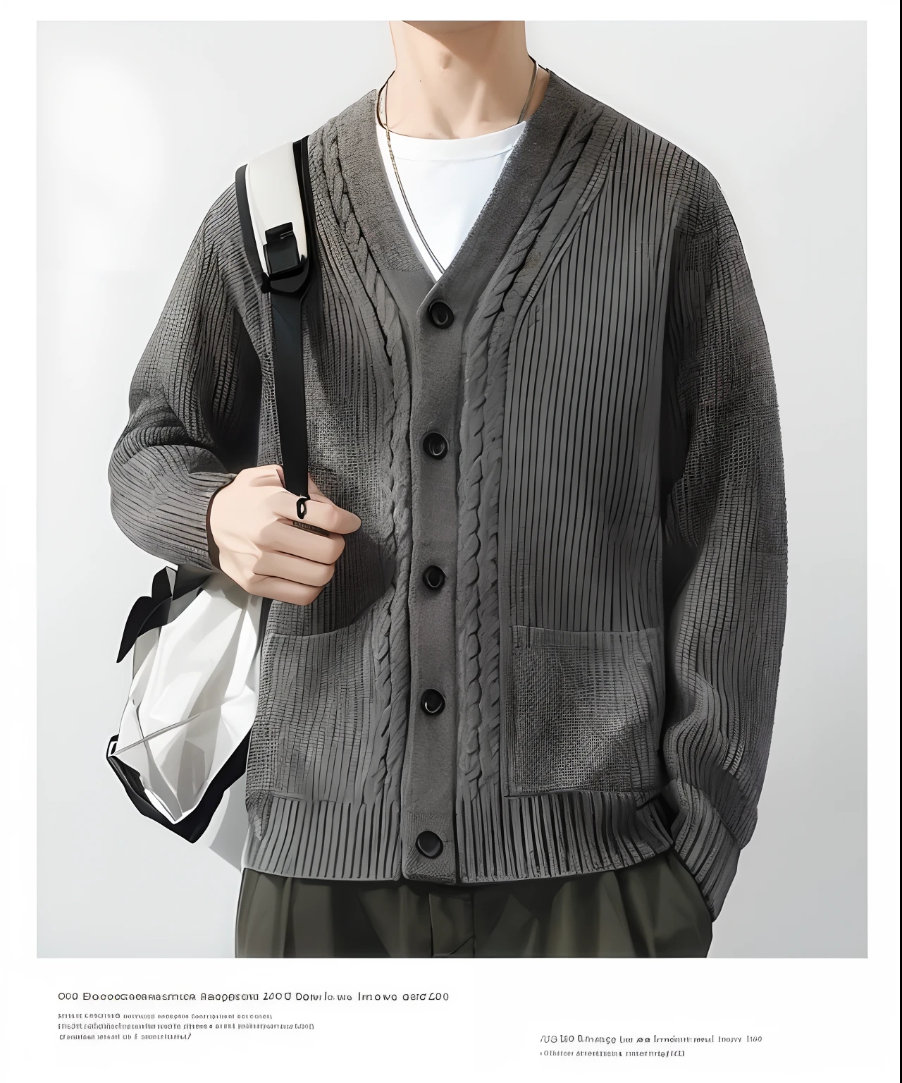 Close-up of a man in a sweater and bag, wearing a cardigan, Cardigan, Hierarchical verbose, 4 0 9 6, with two front pockets, wearing in cardigan, advertisement picture, Gray color, h 7 0 4, 480p, 4 8 0 p, modern casual clothing, dark gray, Detailed picture, 2 0 2 0 fashion