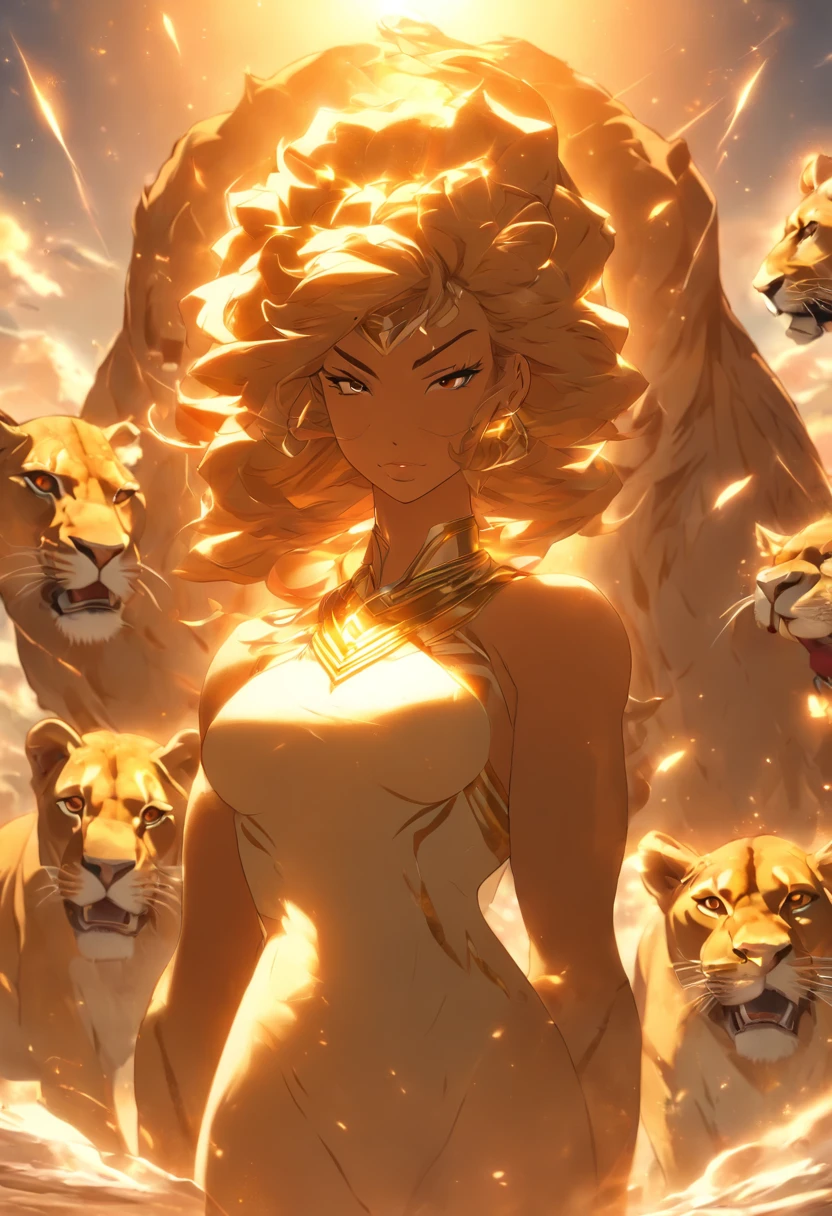 (((Woman's body and lioness's head))) best quality, very high resolution, 4K detailed CG, masterpiece, Egyptian mythology, Atum-Ra, sun in the background, Ancient Egypt, standing pose, lioness's head , white clothes, Egyptian clothes , Egyptian temple, desert, Ancient Egypt, ((lioness head, woman's body)), Egyptian palace, aesthetics, beautiful image, centered on screen, standing pose