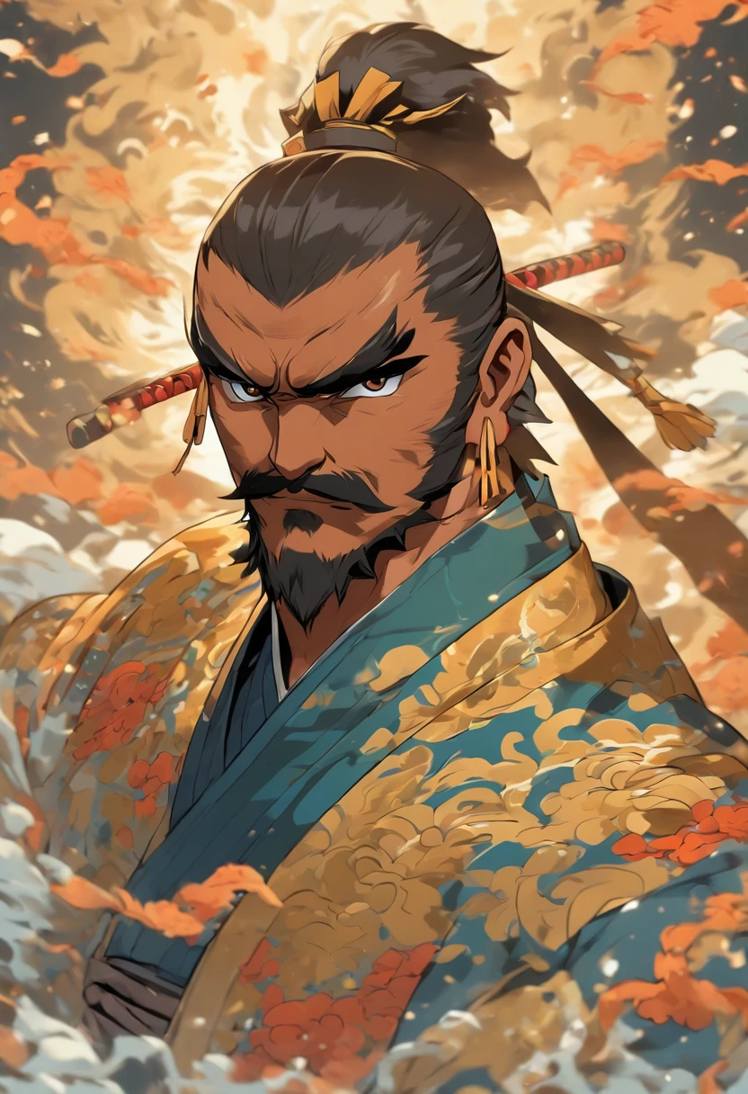 retrato de corpo inteiro, 1,68, careca , bigode fino estilo mestre de Kung Fu, olhos pretos, kimono azul e branco, manto negro por cima com touca, do lado direito uma katana negra com detalhes em dourado, Japanese longbow on the back, The staff with seals to help you walk, Cold iron katar style gloves on hands